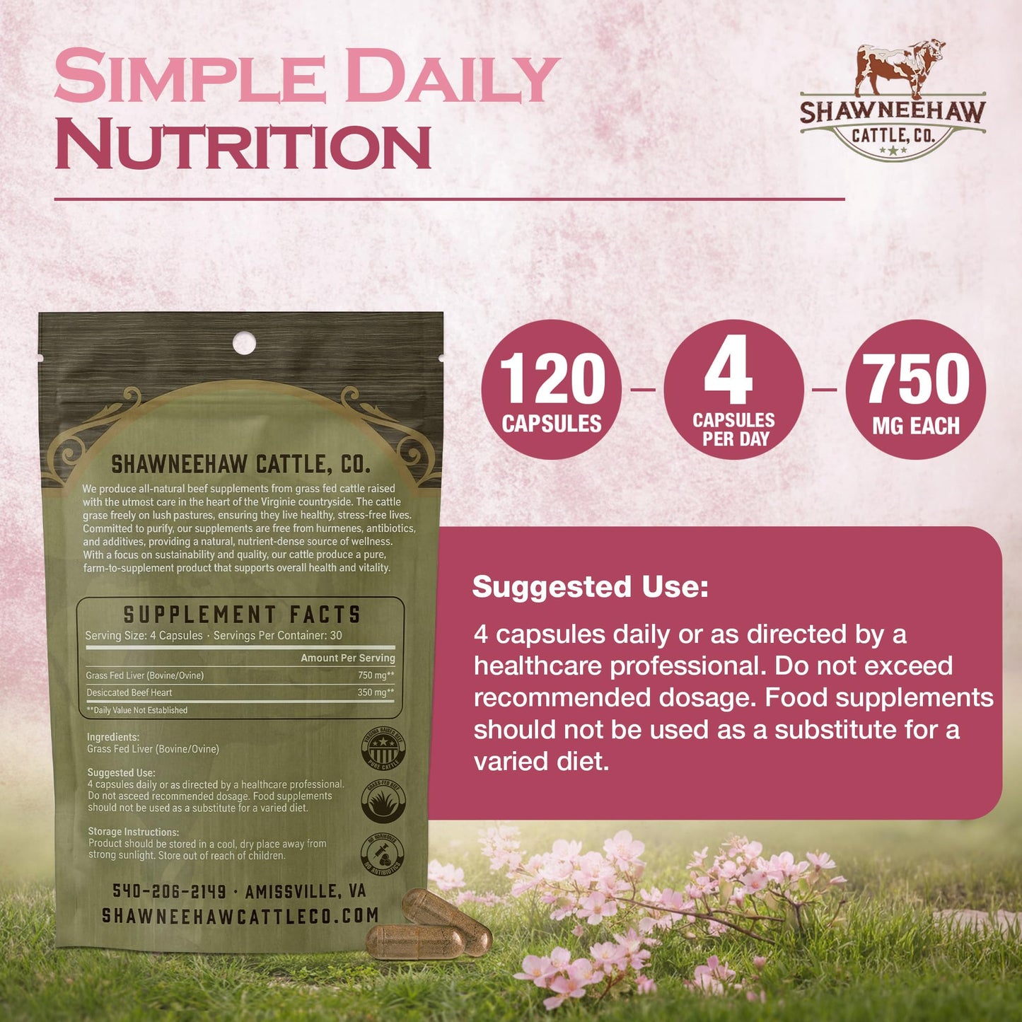 Shawneehaw Cattle Co. Grass Fed Beef Liver Capsules 3000 mg, Freeze Dried Desiccated Beef Liver, Pasture Raised, Non-GMO, Iron & Energy Support, Made in USA, 120 Capsules