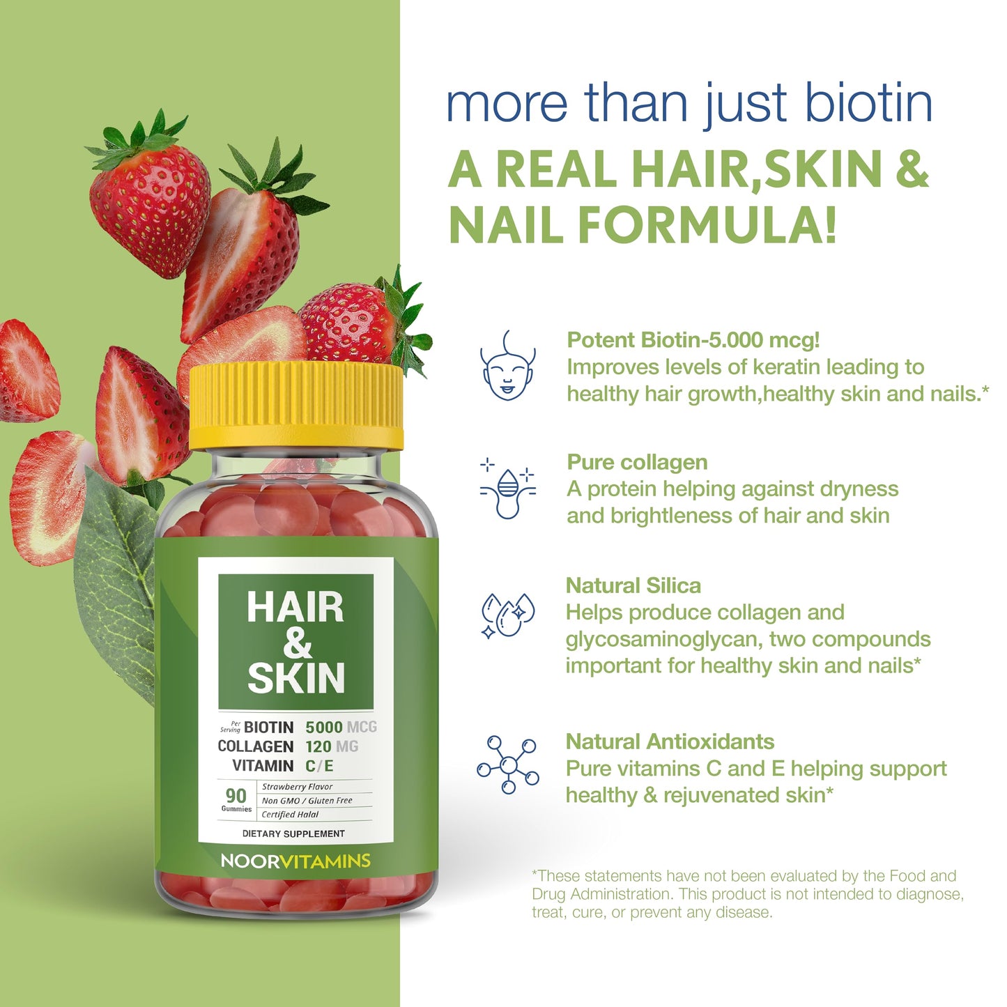 Noor Vitamins Halal Hair Vitamins Biotin, Collagen, Silica, Vitamin C & E Supports Hair, Skin & Nail Health Natural Strawberry Gummy, 90 Count