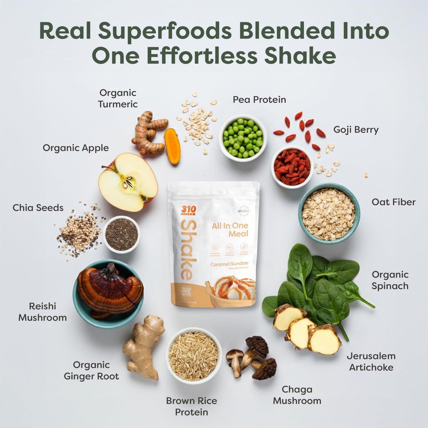 310 Nutrition All-In-One Meal Replacement Shake Powder - Plant-Based Protein Smoothie Blend with High Fiber, Probiotics & Adaptogens - Caramel Sundae - 28 Servings