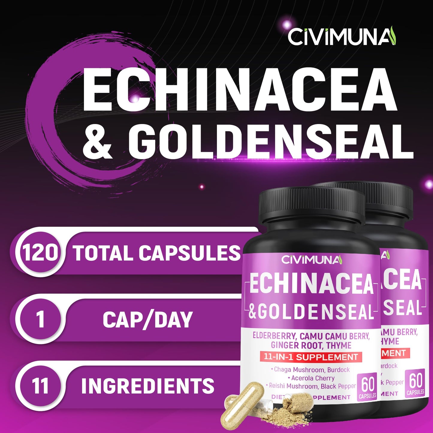 CIVIMUNA Echinacea Capsules with Goldenseal Root and Elderberry, 120 Capsules
