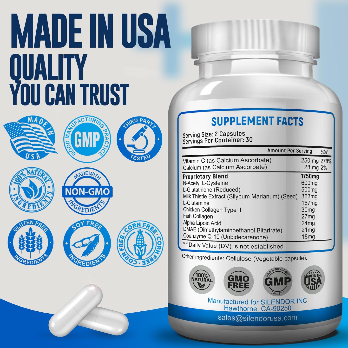 SILENDOR Advanced Complex-NAC Supplement (N-Acetyl L-Cysteine) 600mg with L-Glutathione 500mg and Milk Thistle Extract Capsule 60 Count