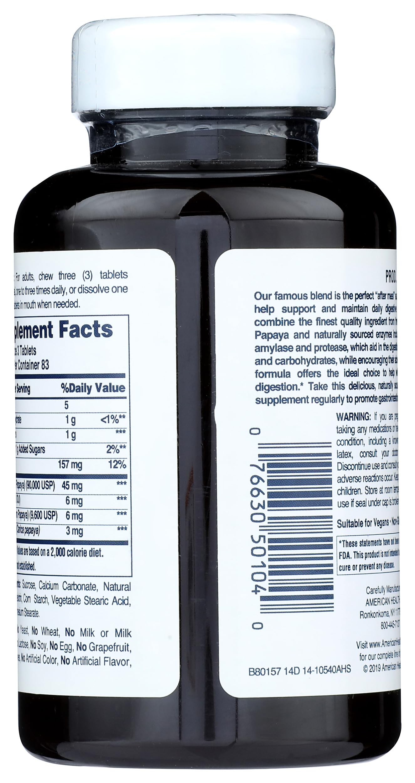 American Health Papaya Enzyme Plus Tablets 250 Count