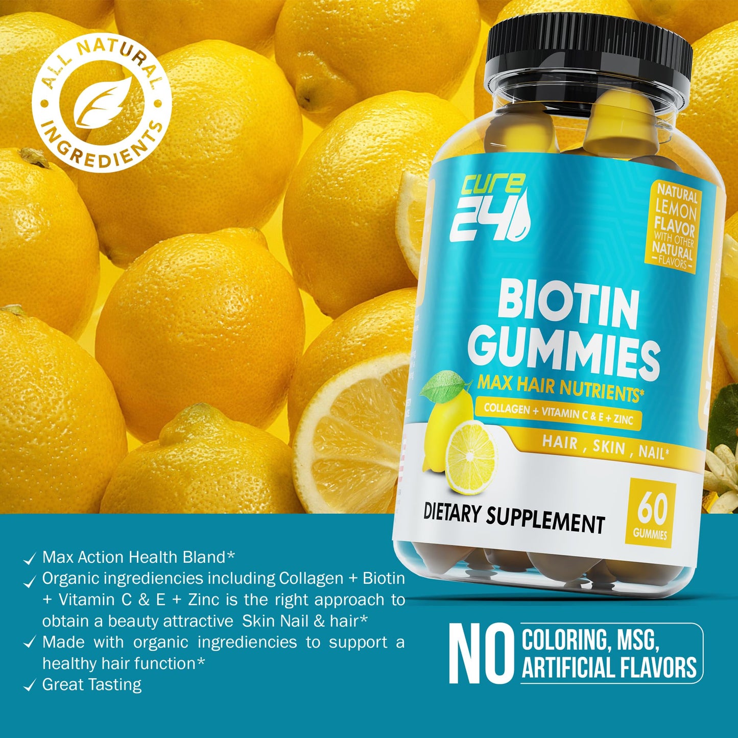 Cure24 Biotin Gummies with Vitamin C, E, Collagen, and Zinc, 60 Count