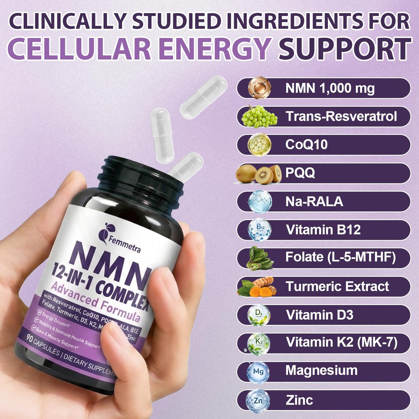 Femmetra Ultra NMN 1000 mg for NAD+, 12-in-1 NAD Supplement with CoQ10 200 mg, PQQ 40 mg, Resveratrol, R-ALA, Methyl B12, L-Methyl Folate, NMNH Alternative, 90 Capsules