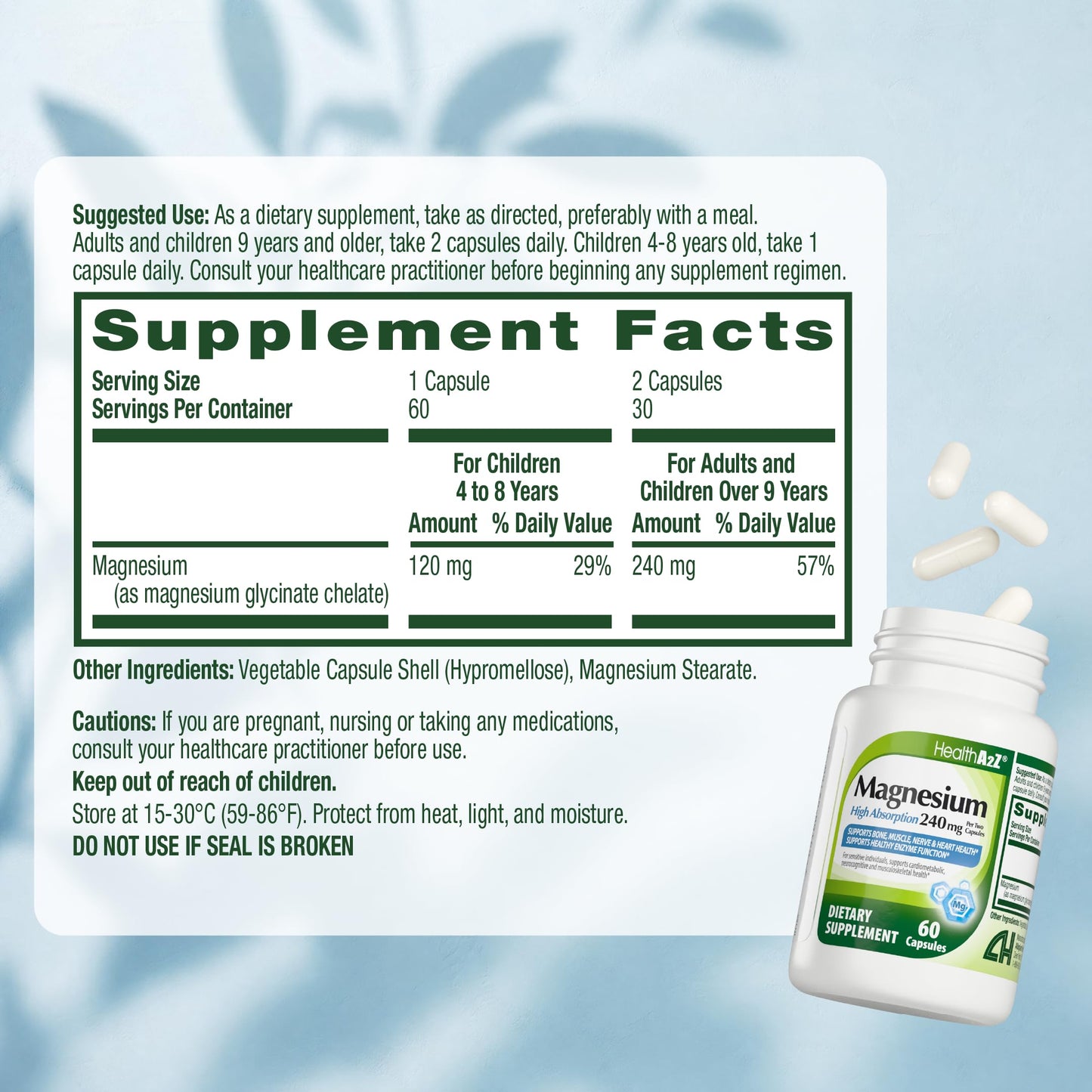 HealthA2Z Magnesium Glycinate 240 mg Capsule, 60 Count