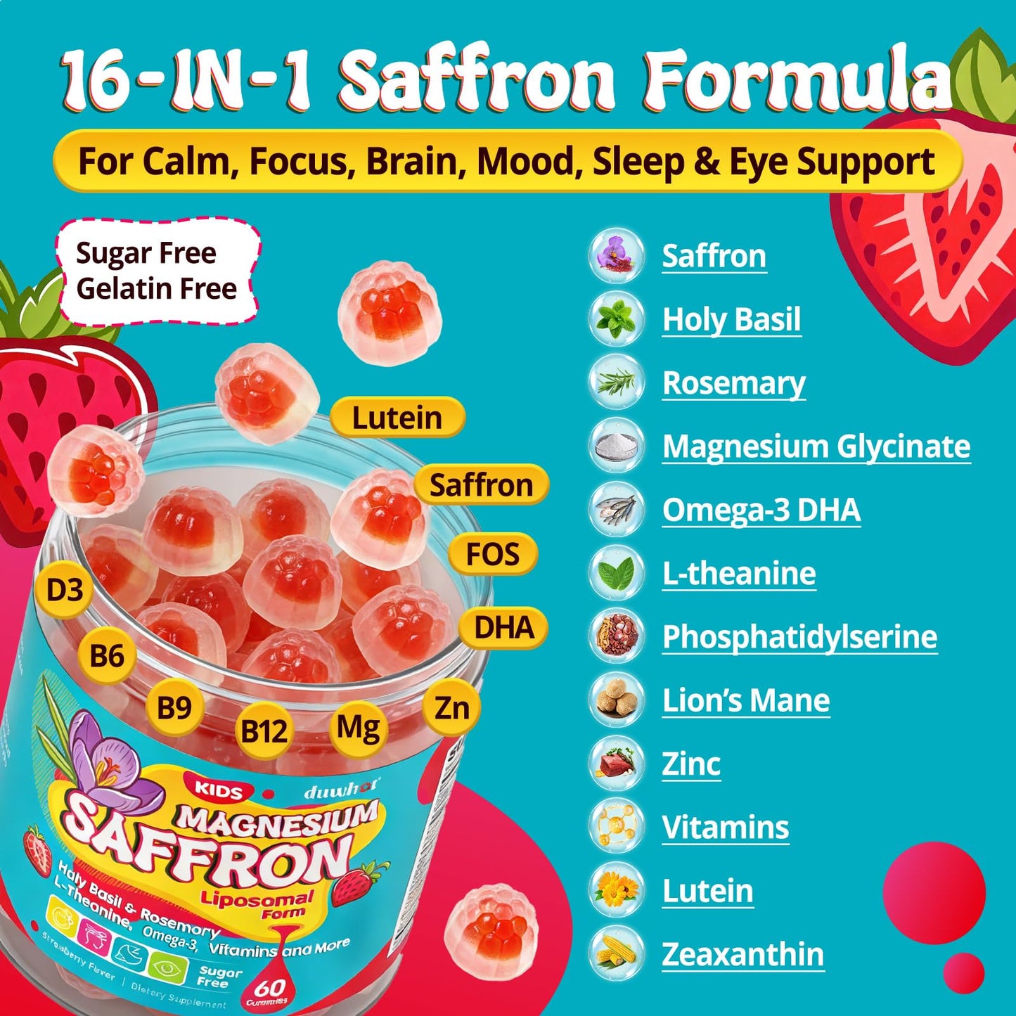 duwhot Saffron for Kids Gummies Sugar Free Saffron 30mg + Magnesium Supplement, Gummy, 60