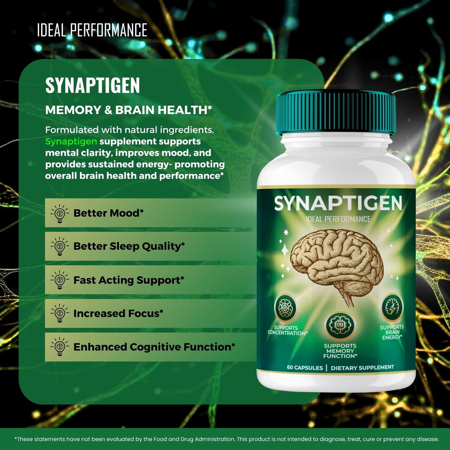 IDEAL PERFORMANCE Synaptigen Brain and Memory Supplement Capsules, 60 Count