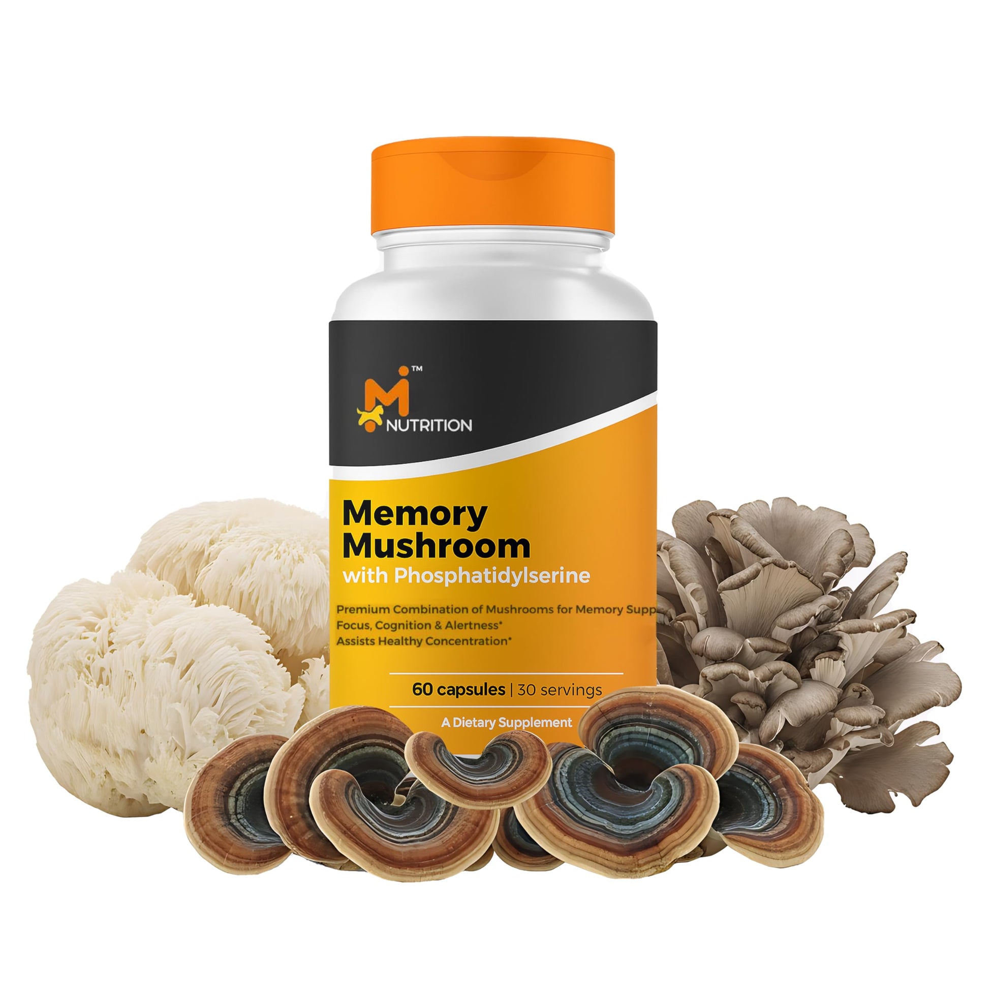M NUTRITION Memory Mushroom + with Phosphatidylserine, Lions Mane, Turkey Tail, B Vitamins & Black Pepper Brain & Focus Support Supplement, 60 Capsules
