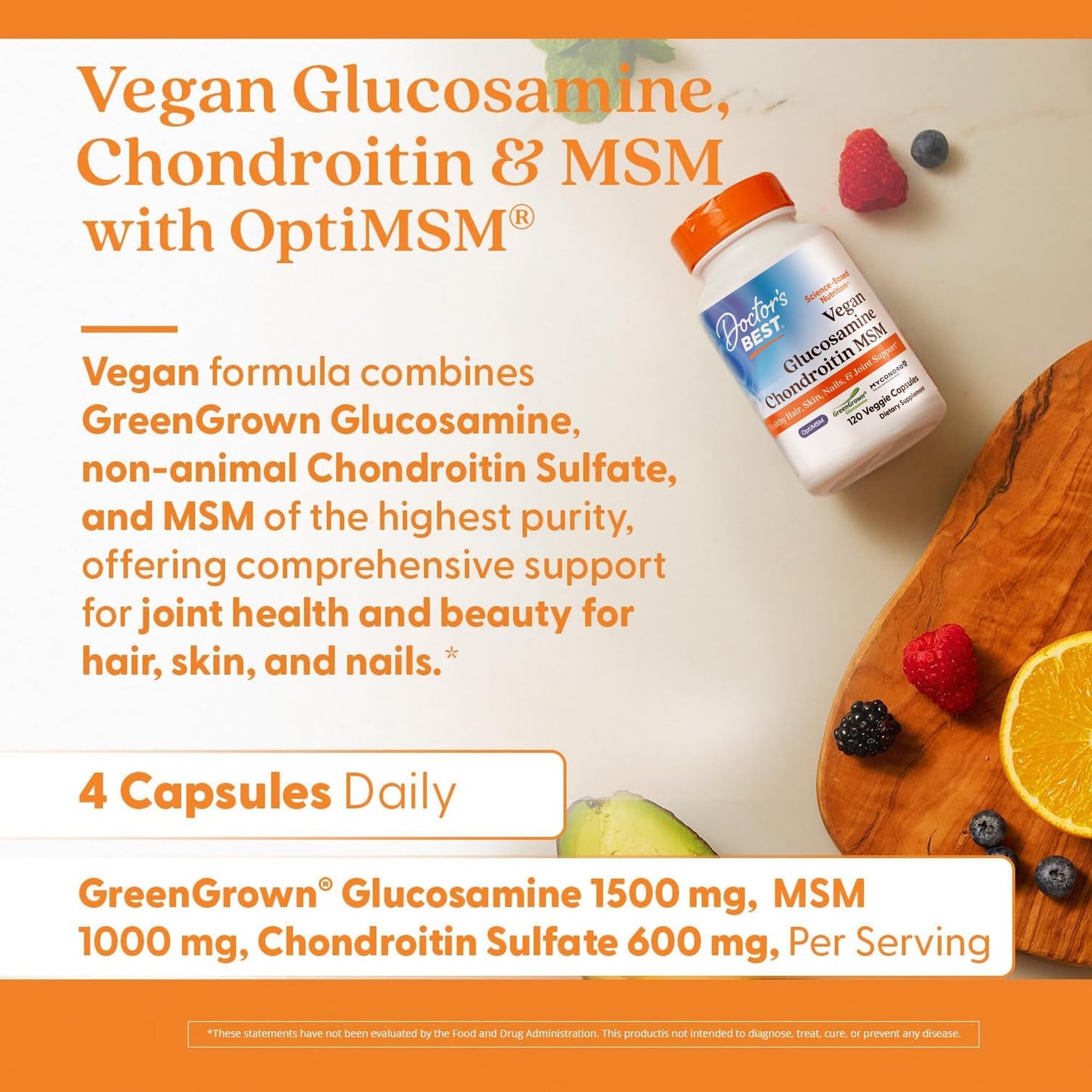 Doctor's Best Vegan Glucosamine Chondroitin MSM - Joint Health Support, 120 Veg Capsules