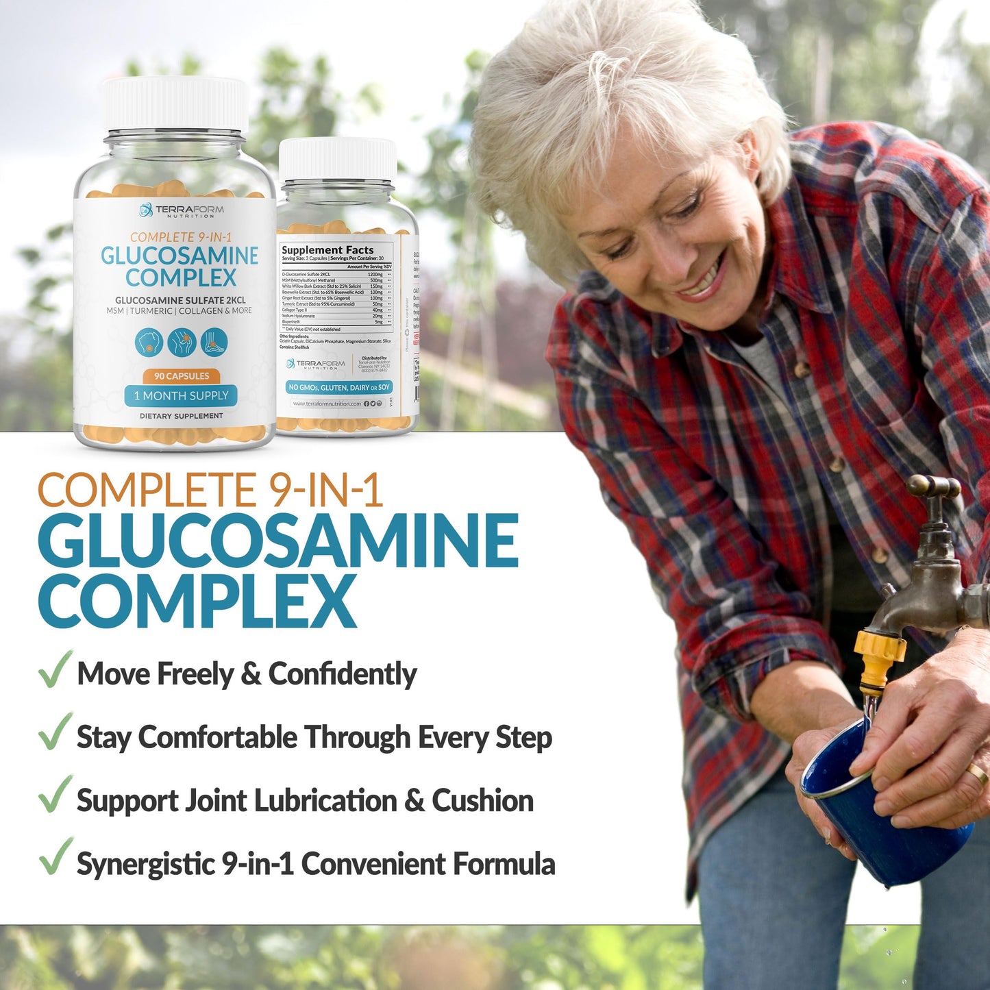 TerraForm Nutrition Glucosamine Complex with MSM, Turmeric & Collagen Capsule, 90 Count