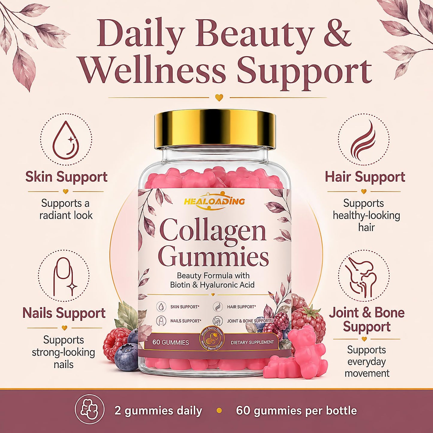 HEALOADING Collagen Gummies with Biotin & Vitamin C 60 Count