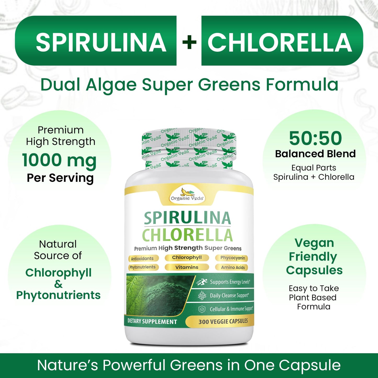 Organic Veda Spirulina Chlorella Capsules, 1500mg, 300 Count