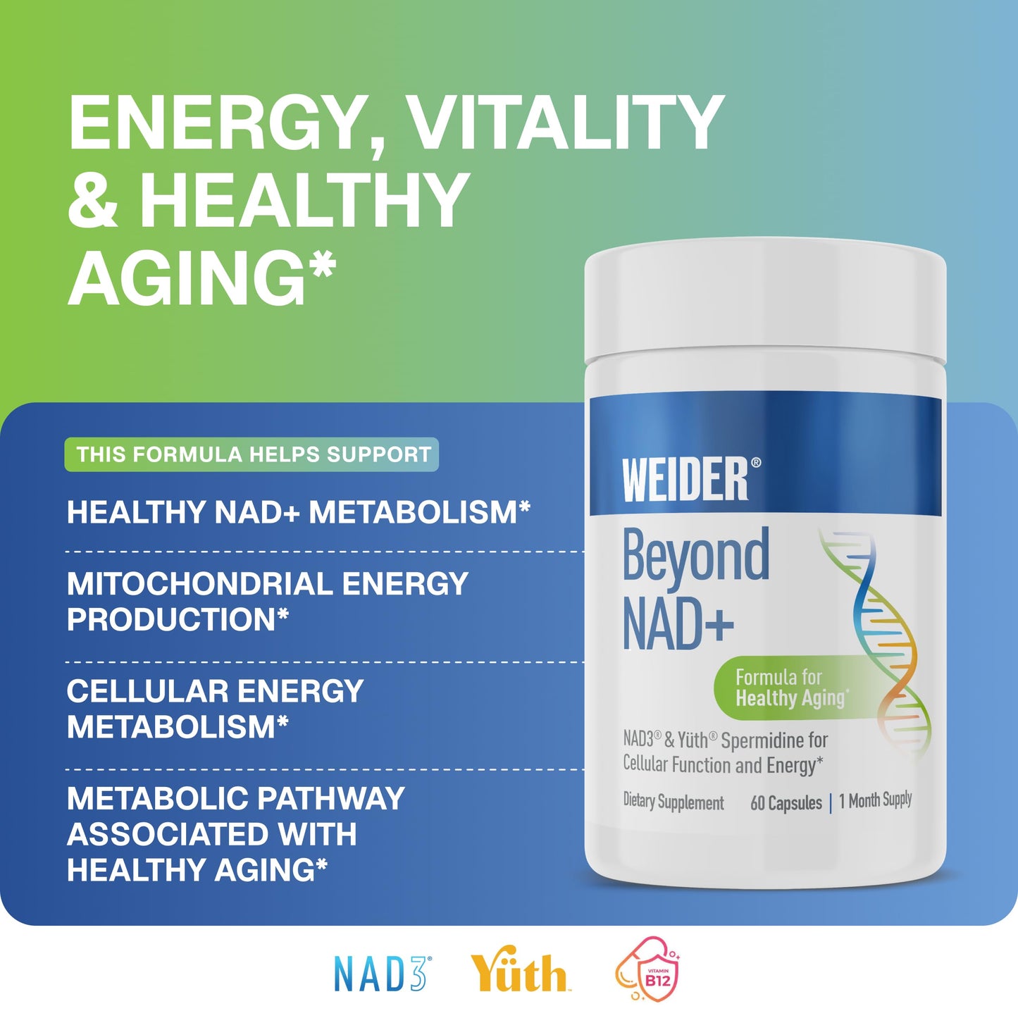 Weider NAD+ Boost Capsule 120 Count - Cellular Energy & Mitochondrial Support Formula with NAD3, Vitamin B3 & B12, Daily Longevity & Wellness Support