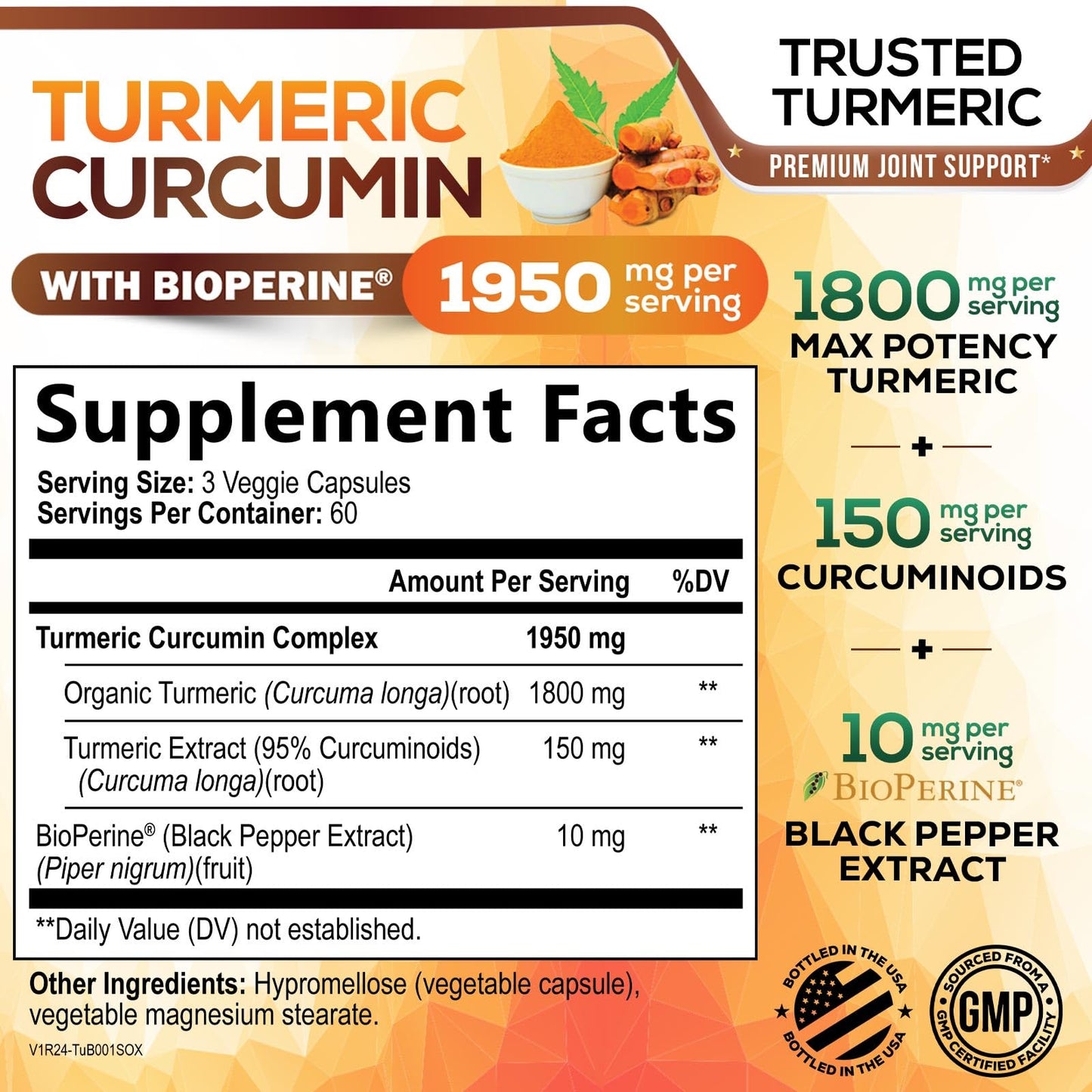 Nature's Nutrition Turmeric Curcumin Supplement 1950mg with Organic Turmeric & BioPerine Black Pepper Extract, 95% Curcuminoids, Natural Vegan Joint Support, Non-GMO, 180 Capsules