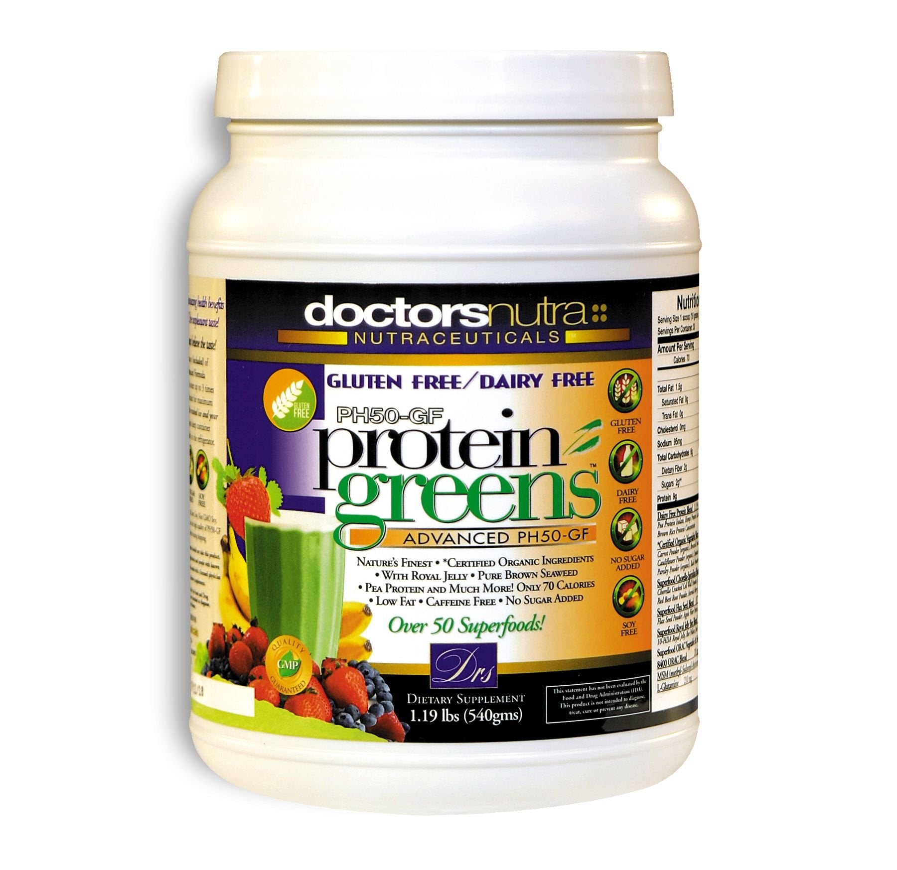 Doctors Nutra Nutraceuticals PH50 Protein Greens Plant-Based All Natural No Gluten Non-Dairy Vegetable Pea Rice Protein Vanilla Flavor Protein Powder 19.04 oz