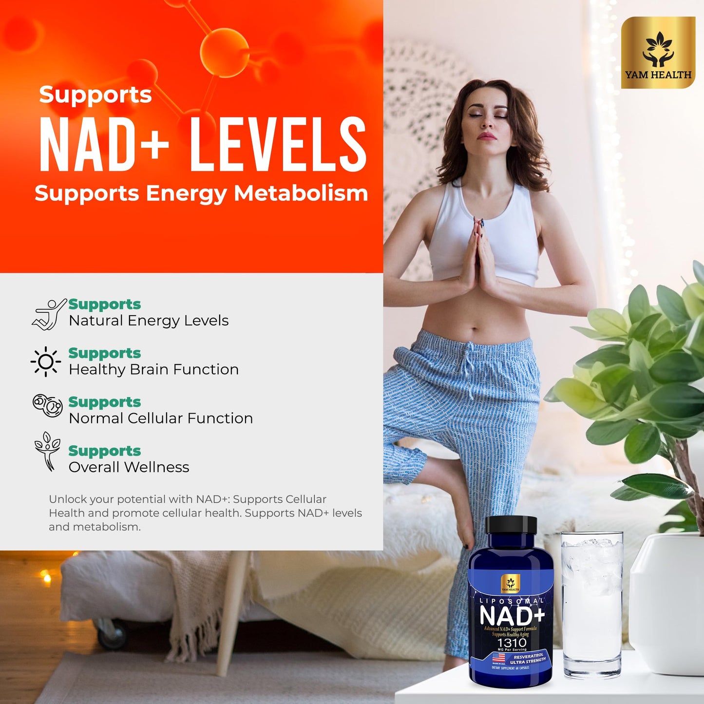 YAM Health Liposomal NAD+ 1310mg with Resveratrol & Niacin (Vitamin B3) Capsules, 60 Count