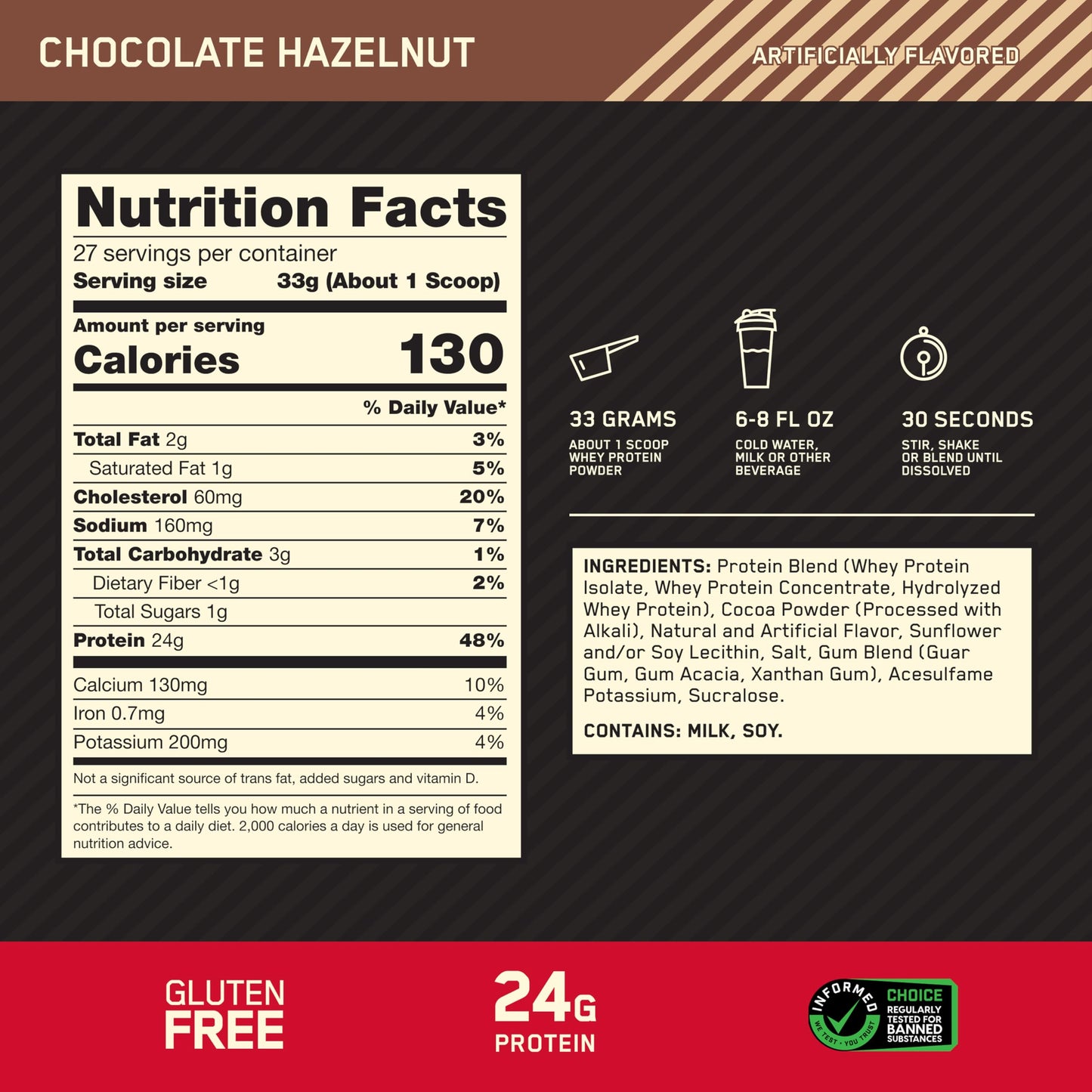 Optimum Nutrition Gold Standard 100% Whey Protein Powder Chocolate Hazelnut 2 Pound, 32 Servings