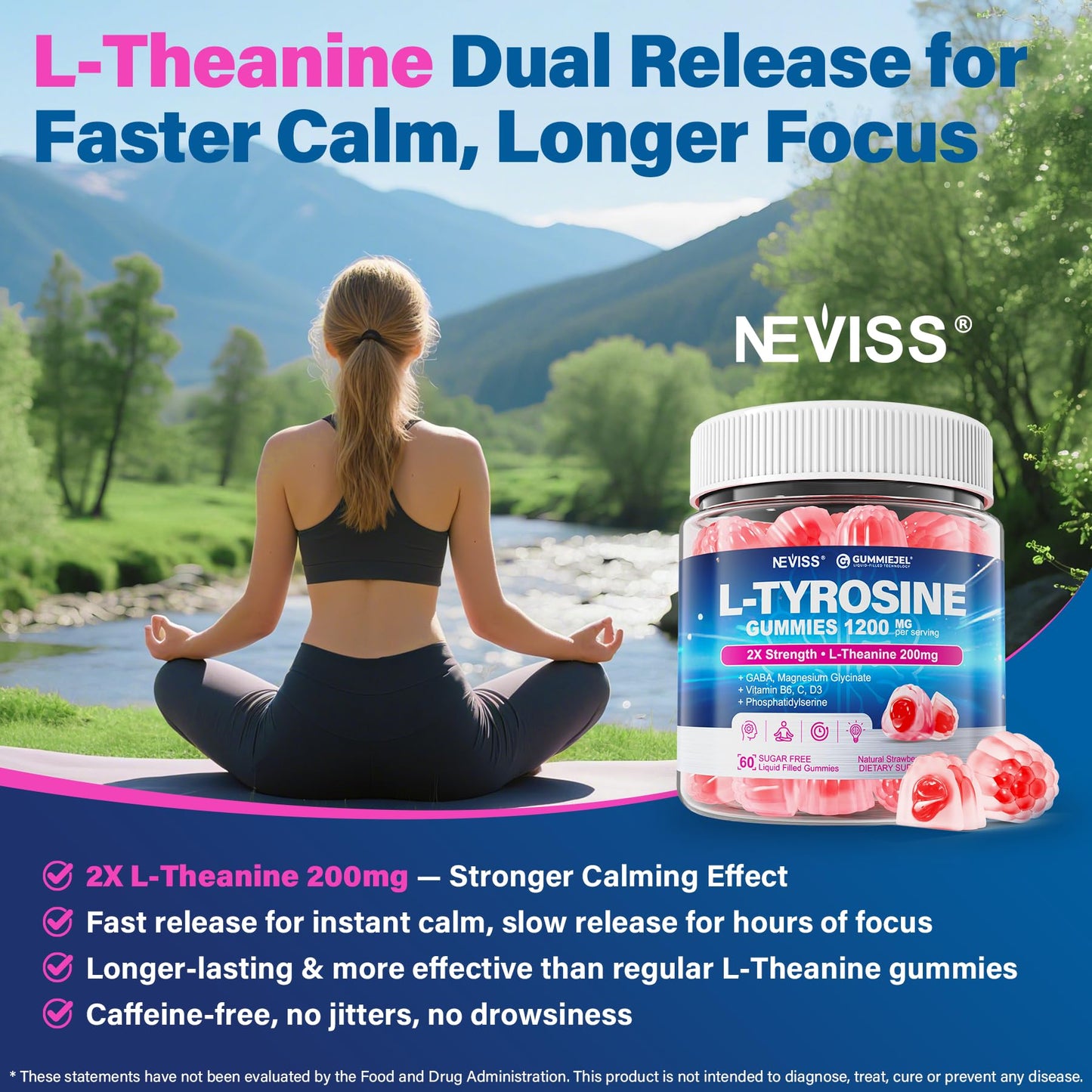 NEVISS L Tyrosine Gummies 1200mg Plus GABA L-Theanine 200mg, 60 Count