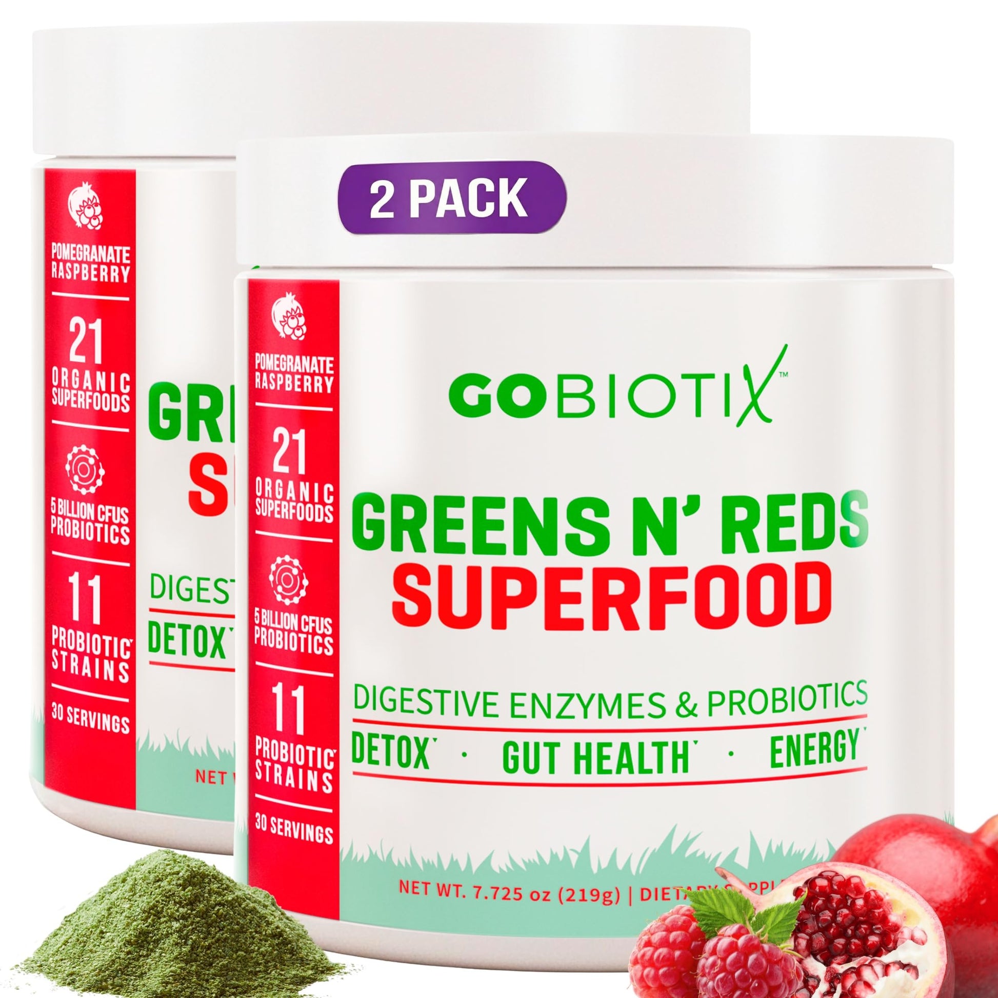 GOBIOTIX Super Greens Powder 2-Pack, Pomegranate Raspberry