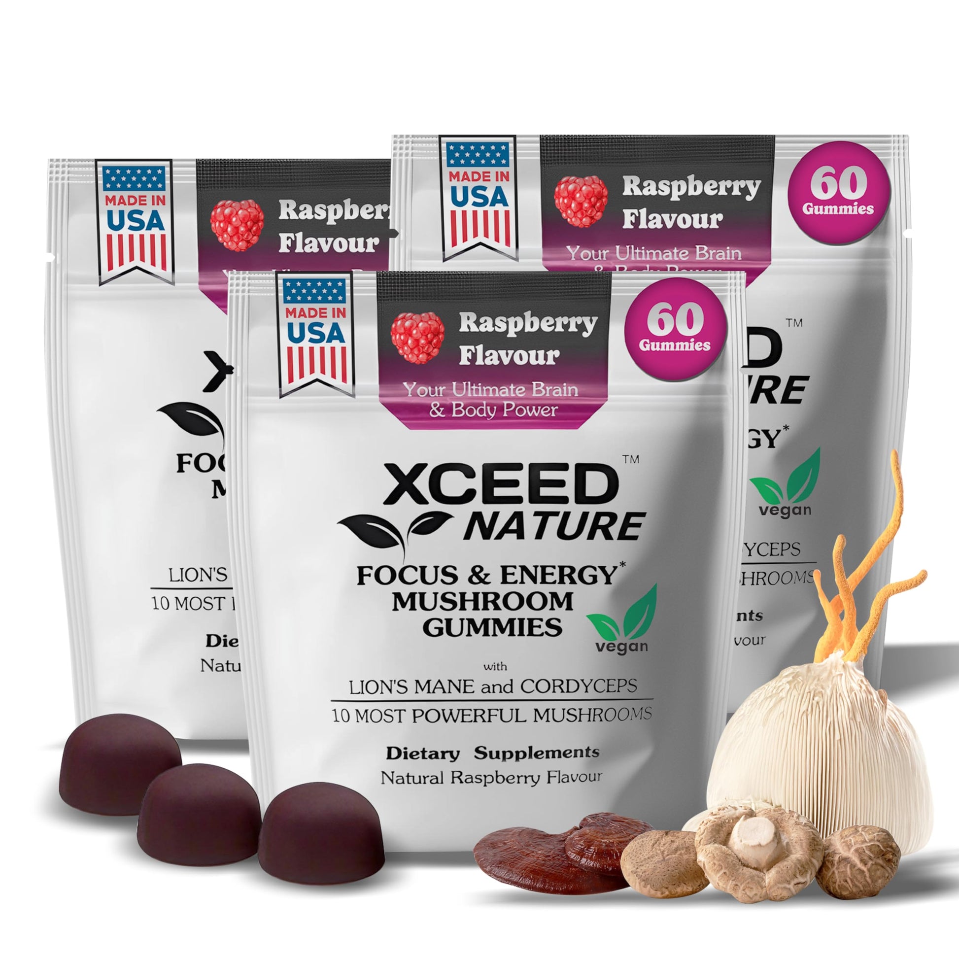 XCEED NATURE Lions Mane & Cordyceps Mushroom Gummies - 10in1 Supplement - for Focus, Energy, Mood, Memory & Clarity, 60 Gummies