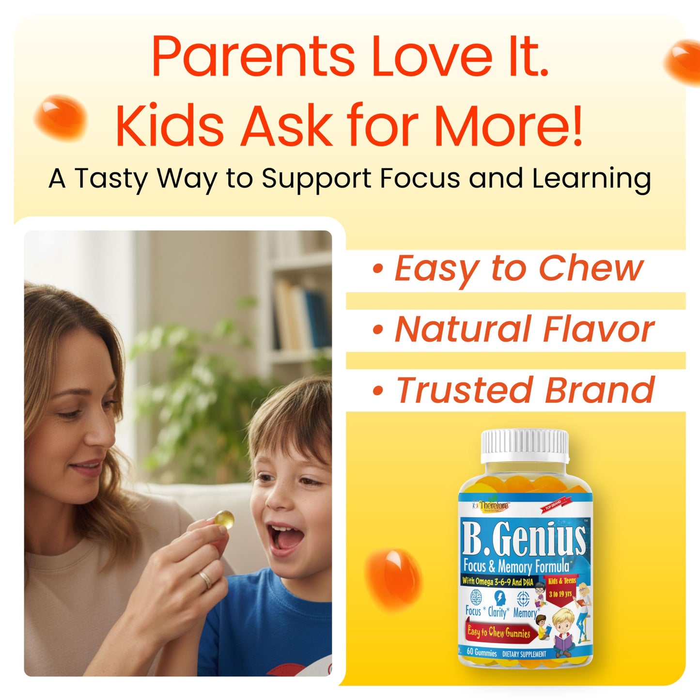 Therefore B.Genius Focus Gummies for Kids & Teens – Focus & Attention, Memory & Concentration – Plant-Based – 60 Count