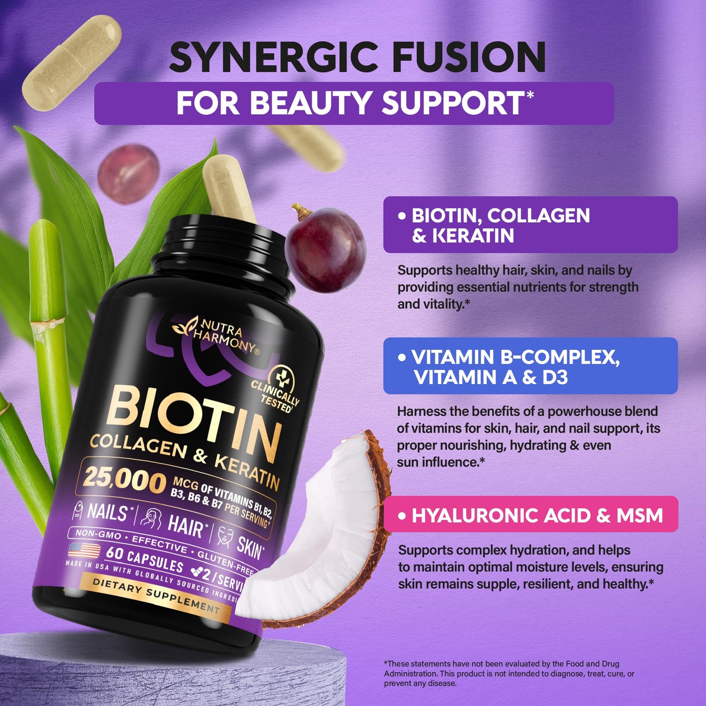 NUTRAHARMONY Biotin Collagen Hyaluronic Acid Keratin Capsules, 60 Count
