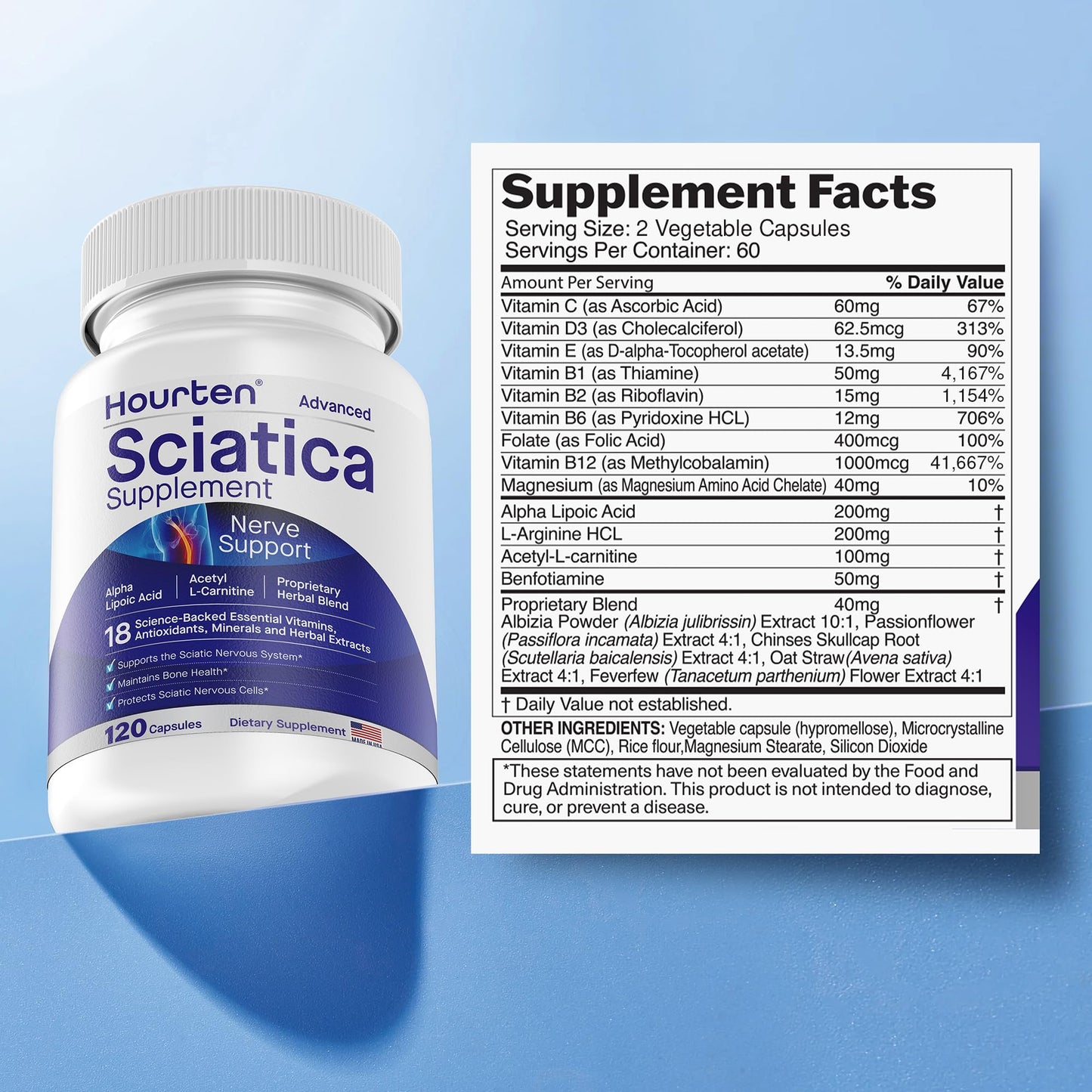 Hourten Advanced Sciatic Nerve Support Relief: Alpha Lipoic Acid - 18 in 1 Sciatica Supplements - Vitamin B Complex Capsules, 120 Count