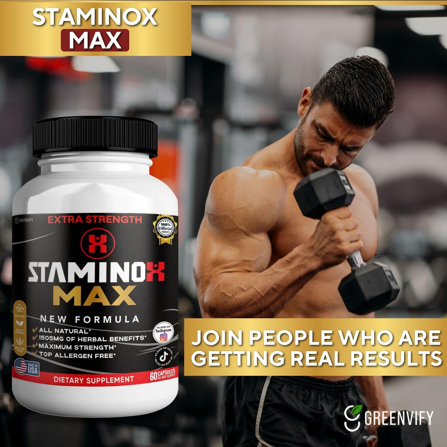 GREENVIFY StaminoX Max Dietary Supplement, Herbal Blend, Organic Maca Root, 60 Capsules