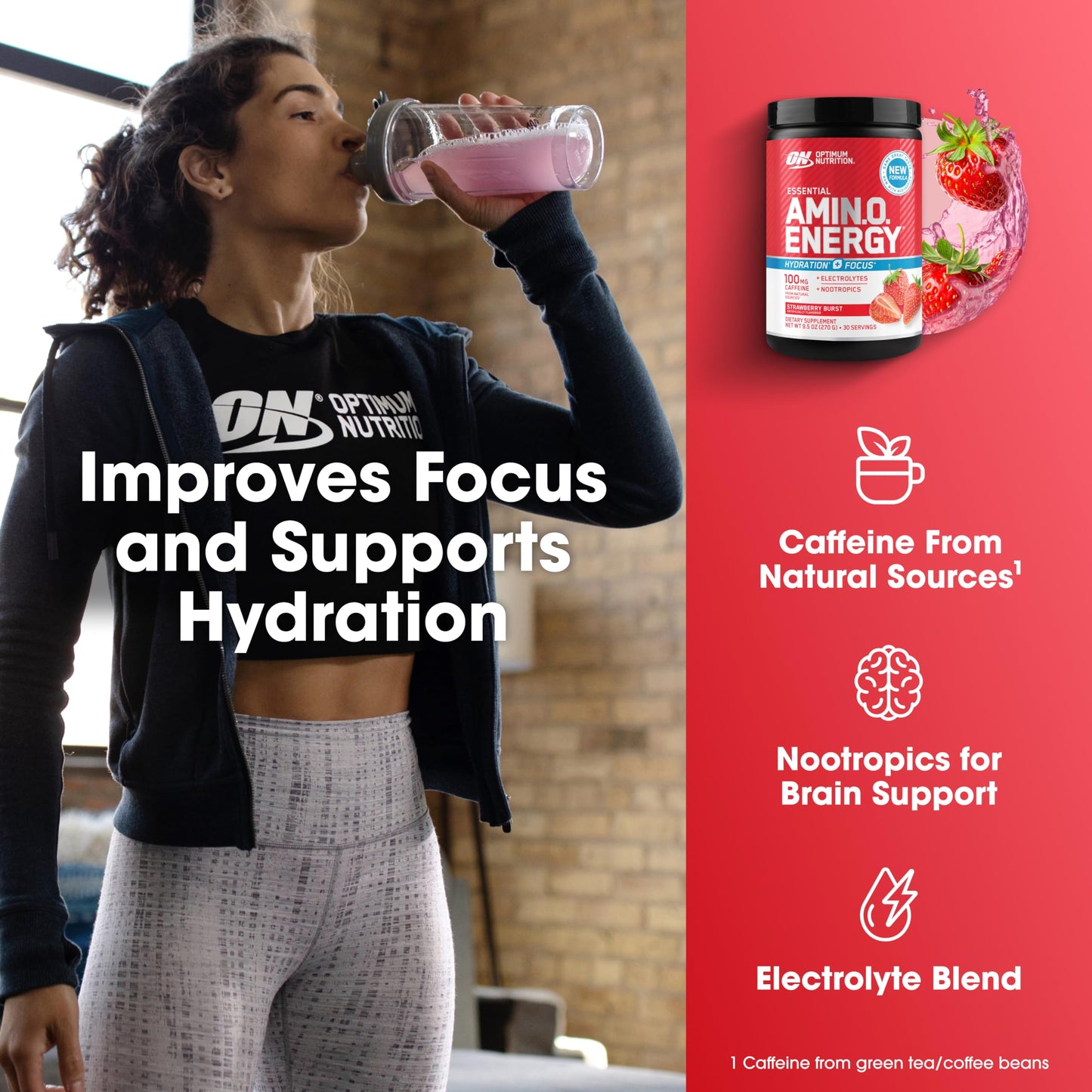 Optimum Nutrition Amino Energy Powder Plus Focus, with BCAA, Electrolytes, and Caffeine, Juicy Strawberry, 9.5 oz