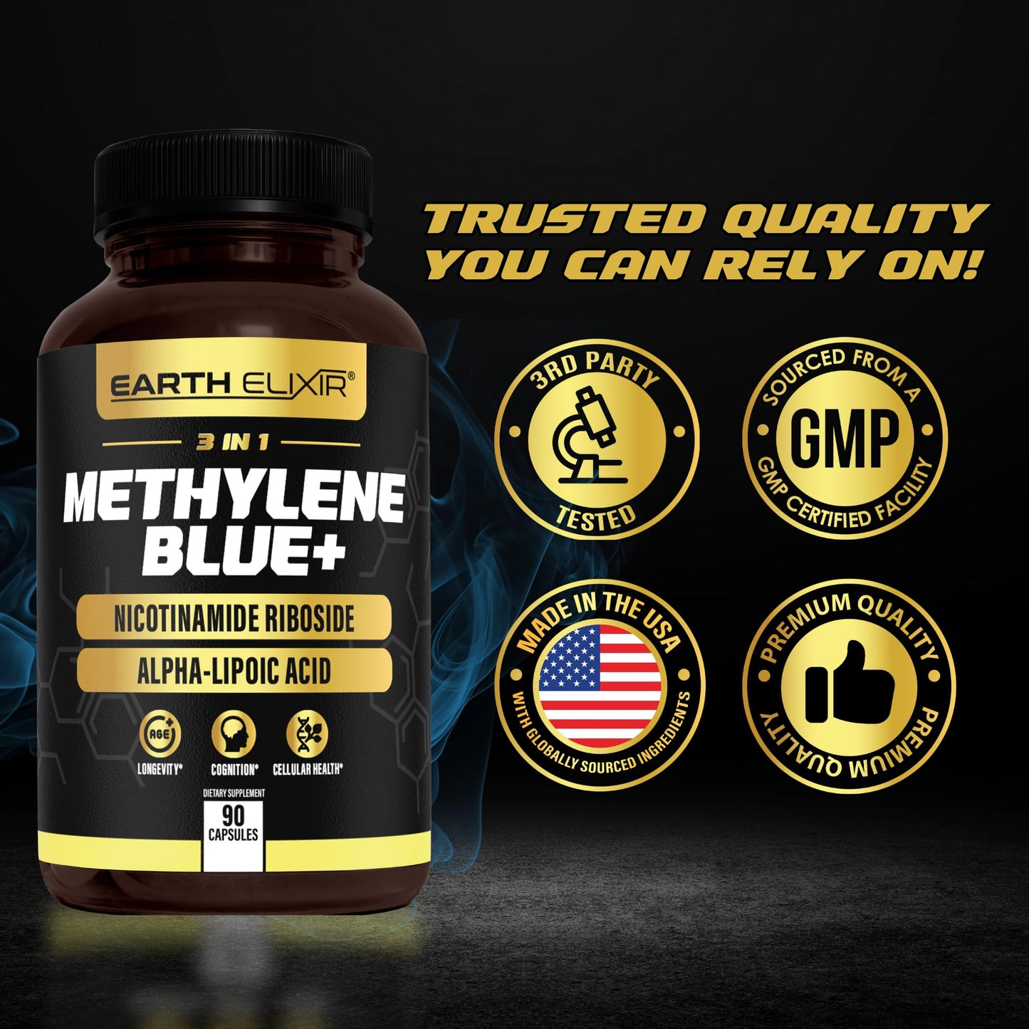 Earth Elixir 3-in-1 Methylene Blue Capsules – Pharmaceutical Grade with Alpha-Lipoic Acid (ALA) & NAD, Energy, Cognitive & Cellular Support, 90 Capsules