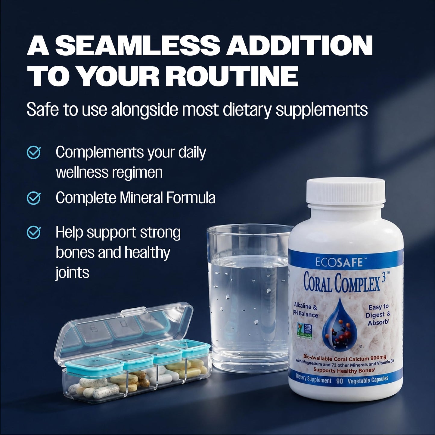 Coral White Coral Complex 3 Calcium Supplement Vitamin D3 & Magnesium 900 mg Bioavailable Coral Calcium for Bone Strength, Joint Support & pH Balance, Trace Minerals, Non-GMO, 180 Capsules