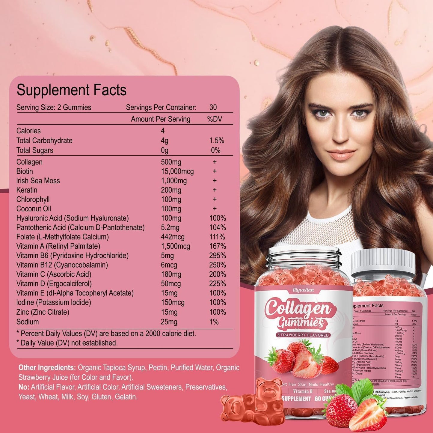 Riyuetian Gummy Collagen with Biotin - Hydrolyzed Collagen Peptides for Healthy Skin, Nails & Hair, Gluten Free & Non-GMO, 120 Gummies