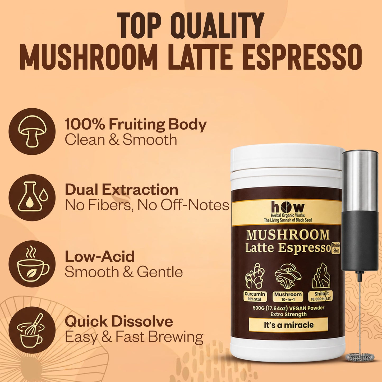 Herbal Organic Works 10-in-1 Mushroom Coffee Latte Powder, 1 Pack