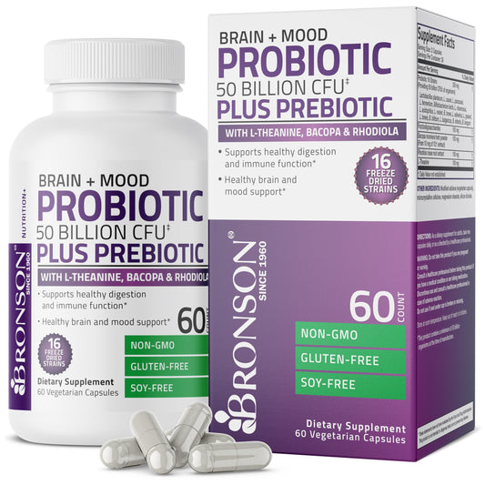 Bronson Brain + Mood Probiotic 50 Billion CFU Plus Prebiotic with L-Theanine, Bacopa and Rhodiola Non-GMO, 60 Capsules