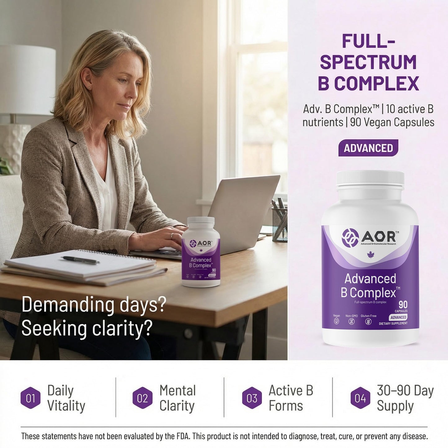 AOR Vitamin B Complex Methylcobalamin 5-MTHF No Flush Capsules 90