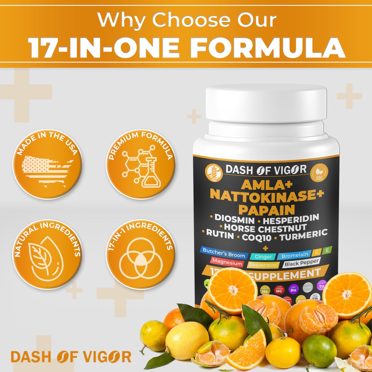 DASH OF VIGOR DOFV Amla Extract, Nattokinase, Papain, Diosmin, Hesperidin, Butchers Broom, Horse Chestnut, CoQ10, Turmeric, Vitamin C and Rutin, 60 Capsules