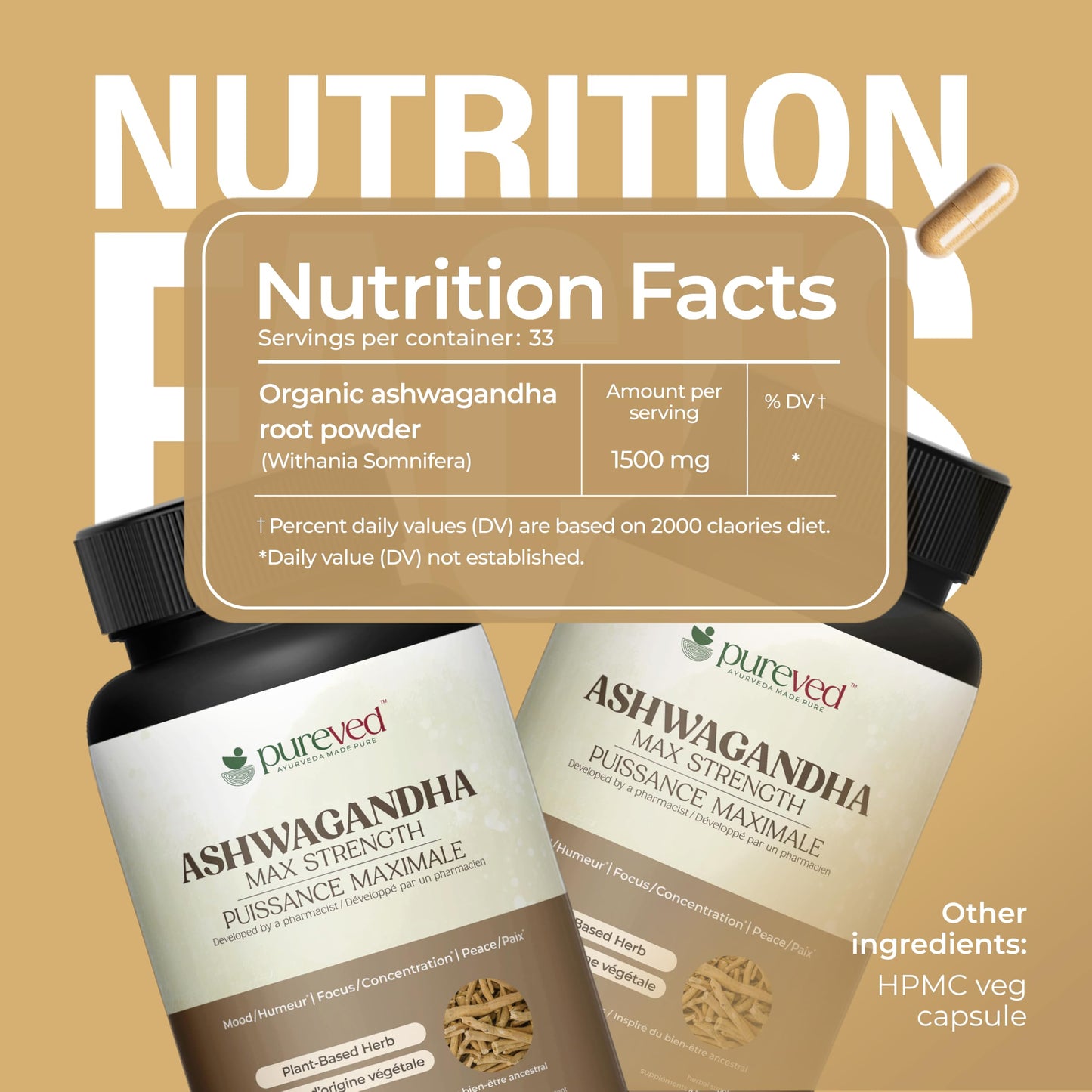 Pureved Ashwagandha Capsules 100 Count