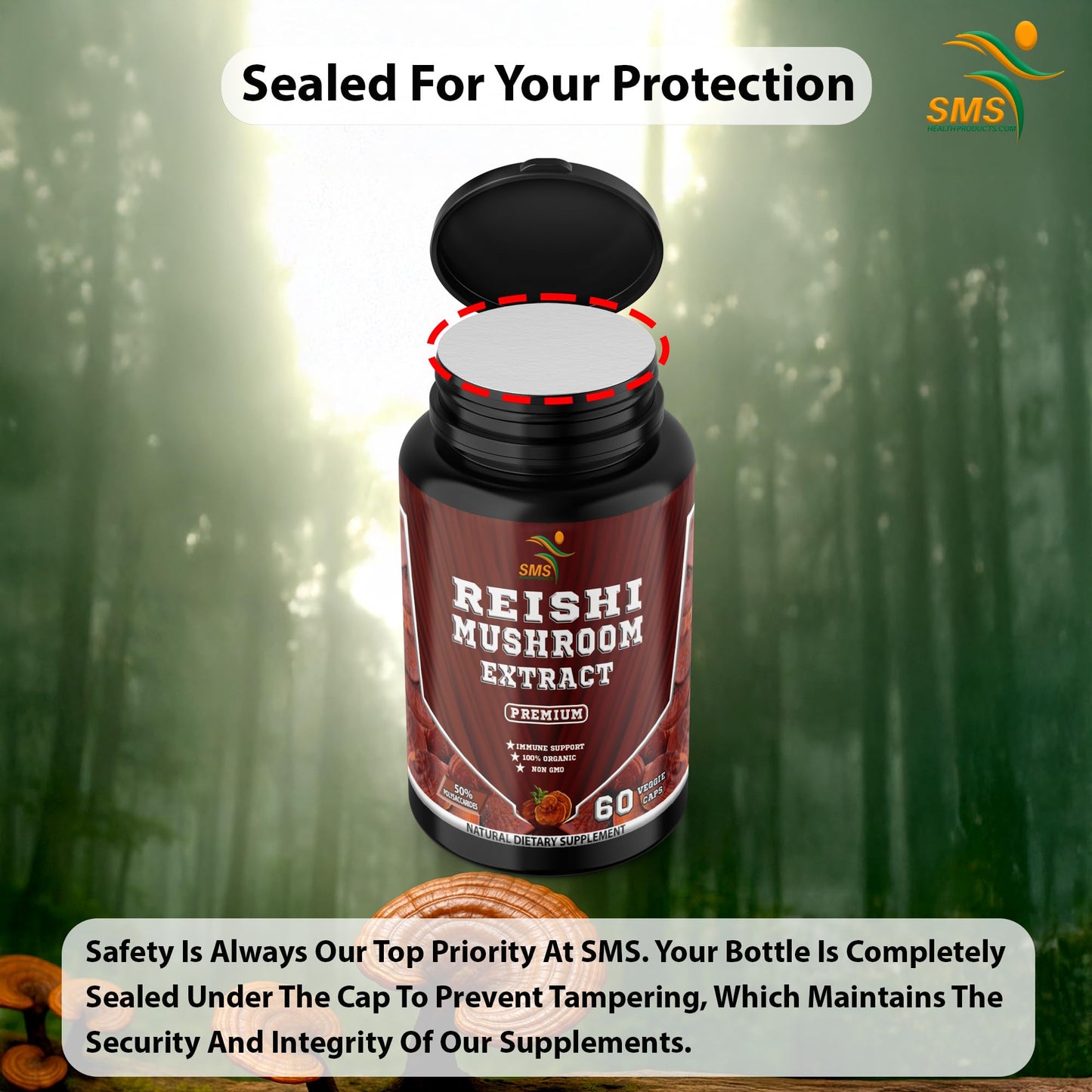 SMSHEALTHPRODUCTS.com Reishi Mushroom Extract 20:1 Ganoderma Lucidum 1000mg Per Serving Capsules, 60 Count