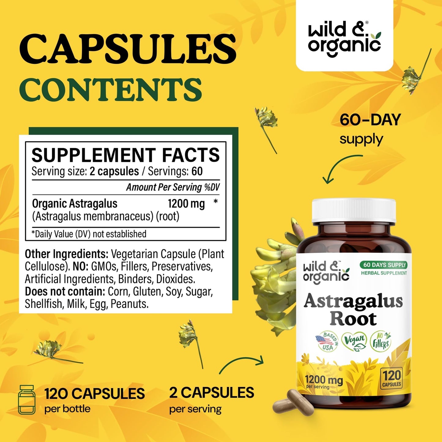 Wild & Organic Astragalus Capsules 1200 mg - Immune Support - Astragalus Root Supplement - 120 Count