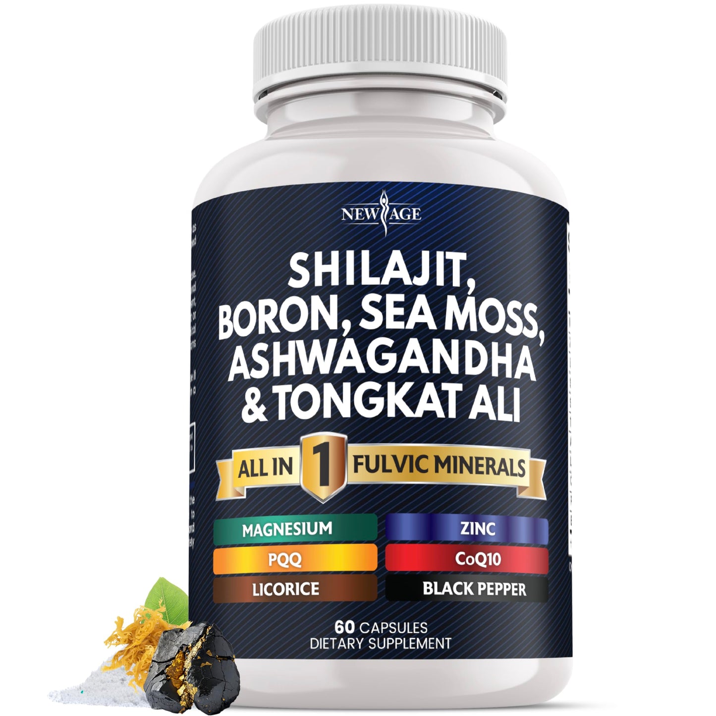 NEW AGE Shilajit Supplement with Sea Moss, Ashwagandha, Tongkat Ali, Boron, Magnesium Fulvic Acid Capsules, 60 Count