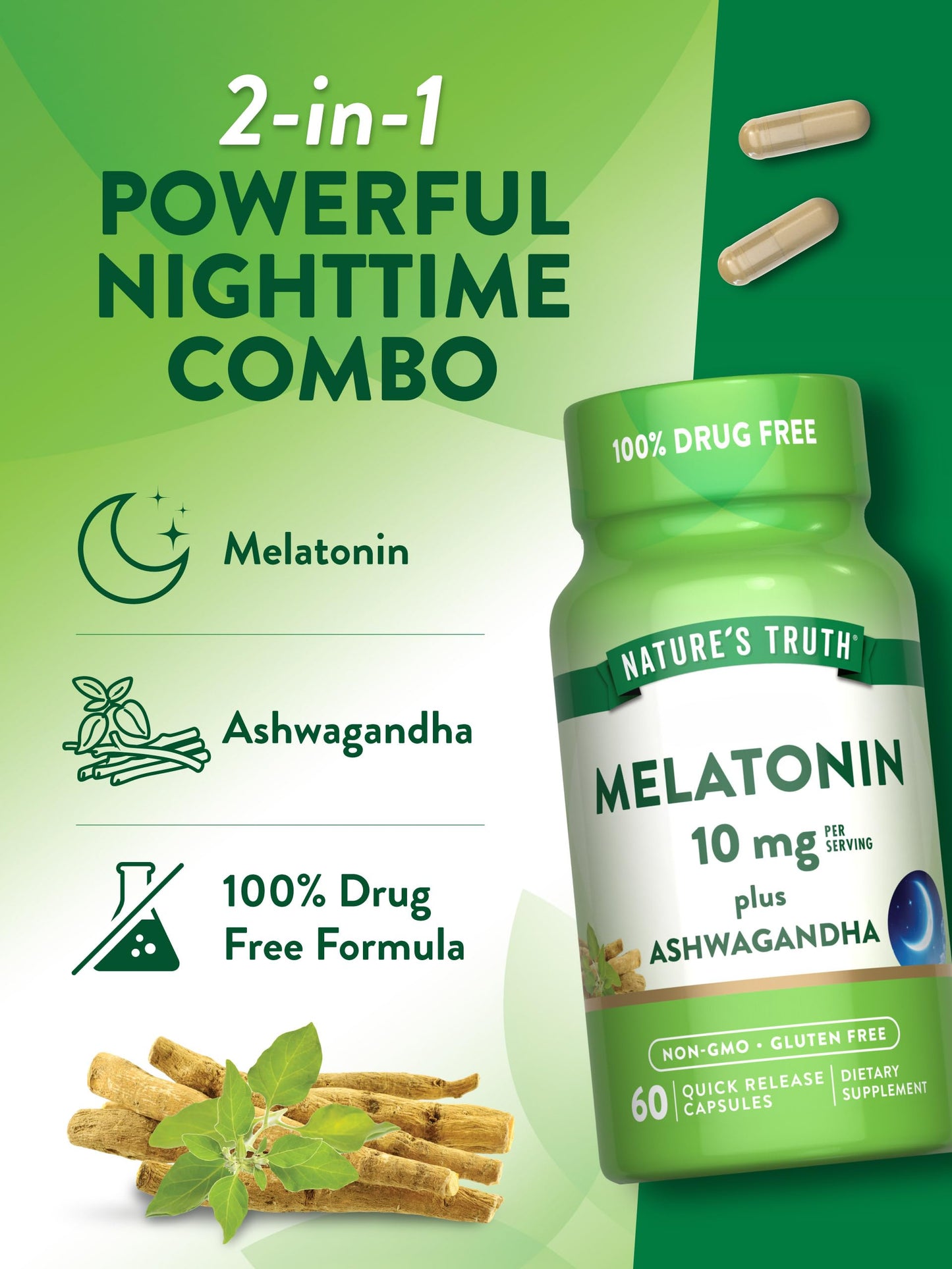 Nature's Truth Melatonin 10mg with Ashwagandha, 60 Capsules