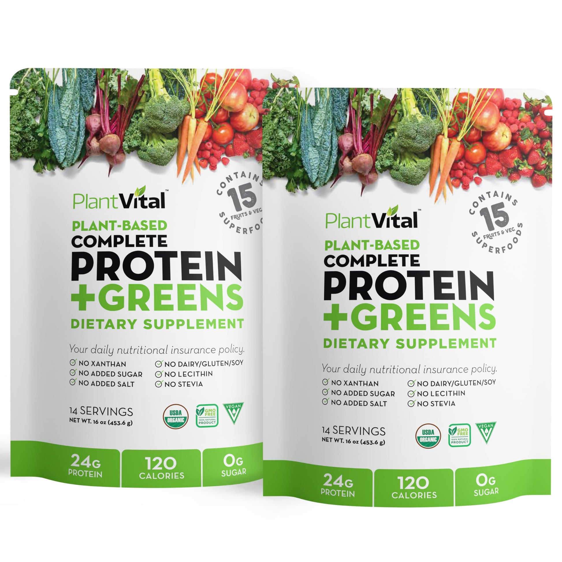 Plantvital Unflavored Organic Vegan Protein Powder 16 oz (Pack of 2)