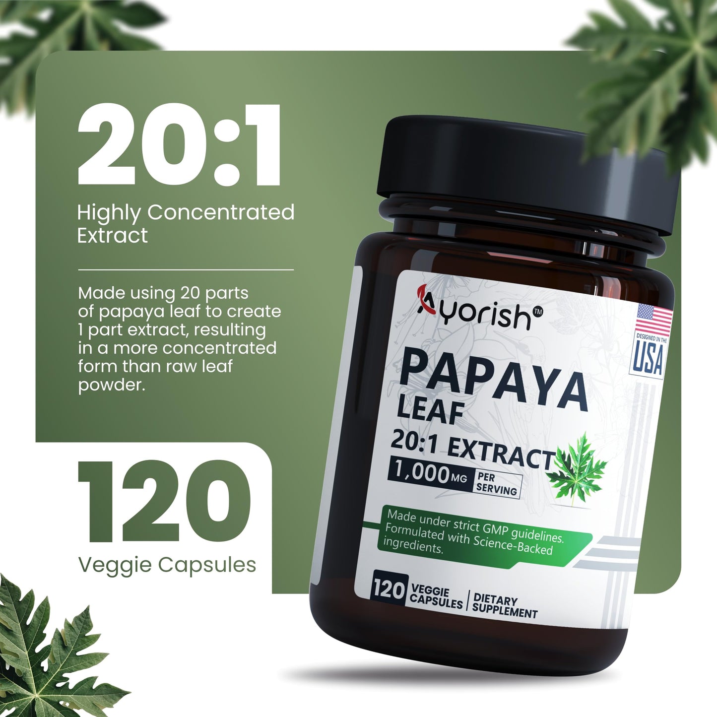 Ayorish Papaya Leaf Extract 1000mg Capsules, 120 Count