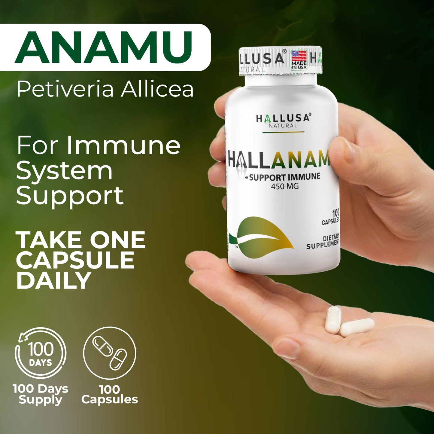Hallusa Natural Anamu Root 450 mg Petiveria Allicea Organic, 100 Capsules
