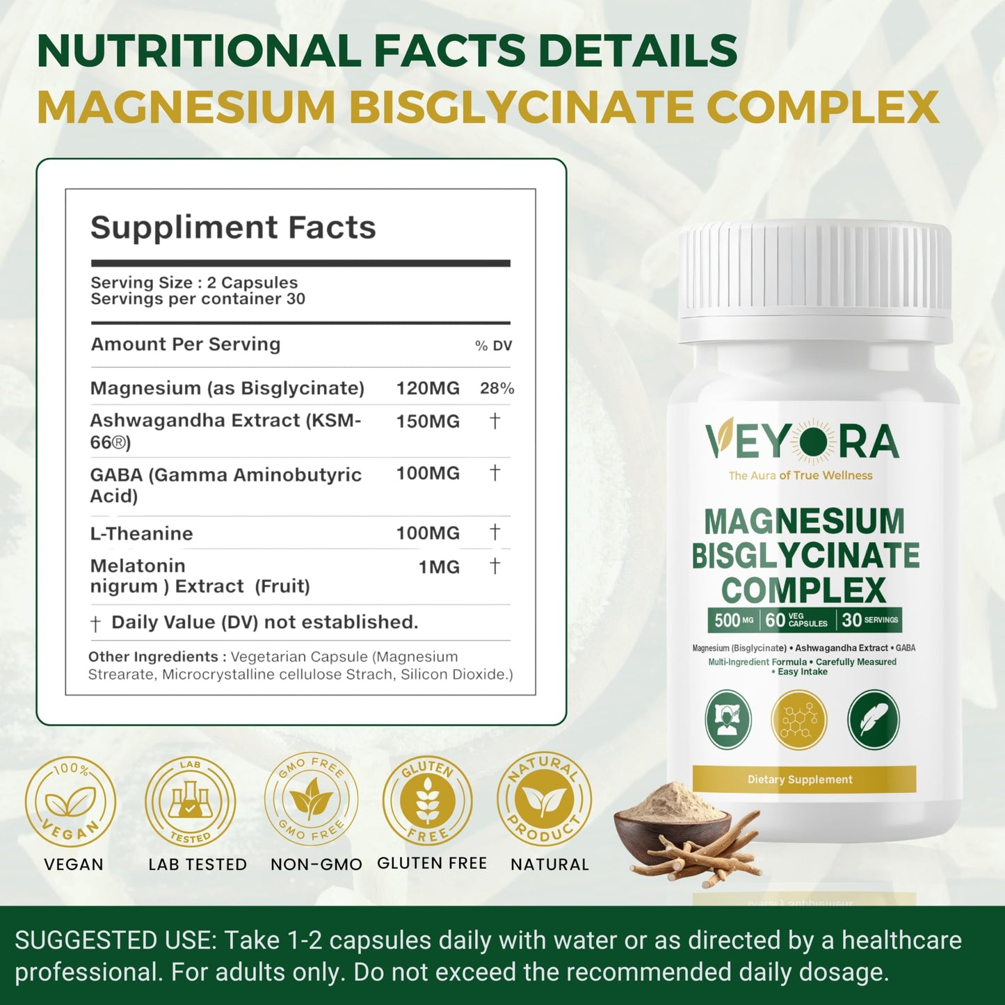 VEYORA Magnesium Bisglycinate Complex 5000 mg Capsules, 60 Count