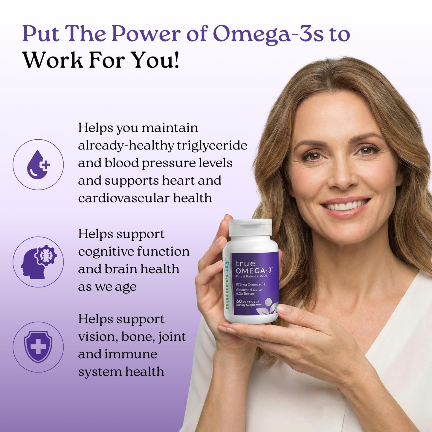 NatureCity True-Omega-3 975mg Omega-3 Fish Oil Supplements with Enhanced Absorption from AquaCelle for Heart, Brain & Joint Support Softgels 60