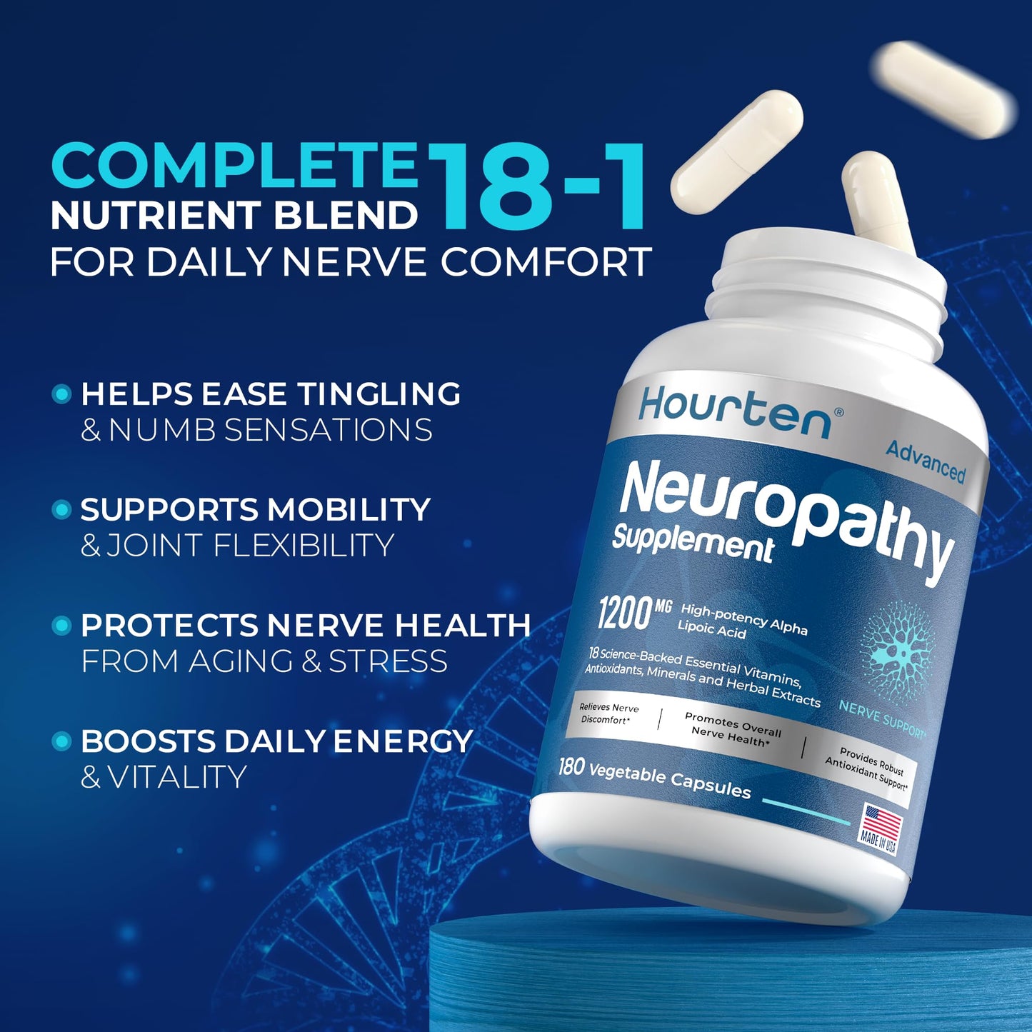 Hourten Neuropathy Sciatica Nerve Support Alpha Lipoic Acid 1200mg High-Potency Capsules 180 Count