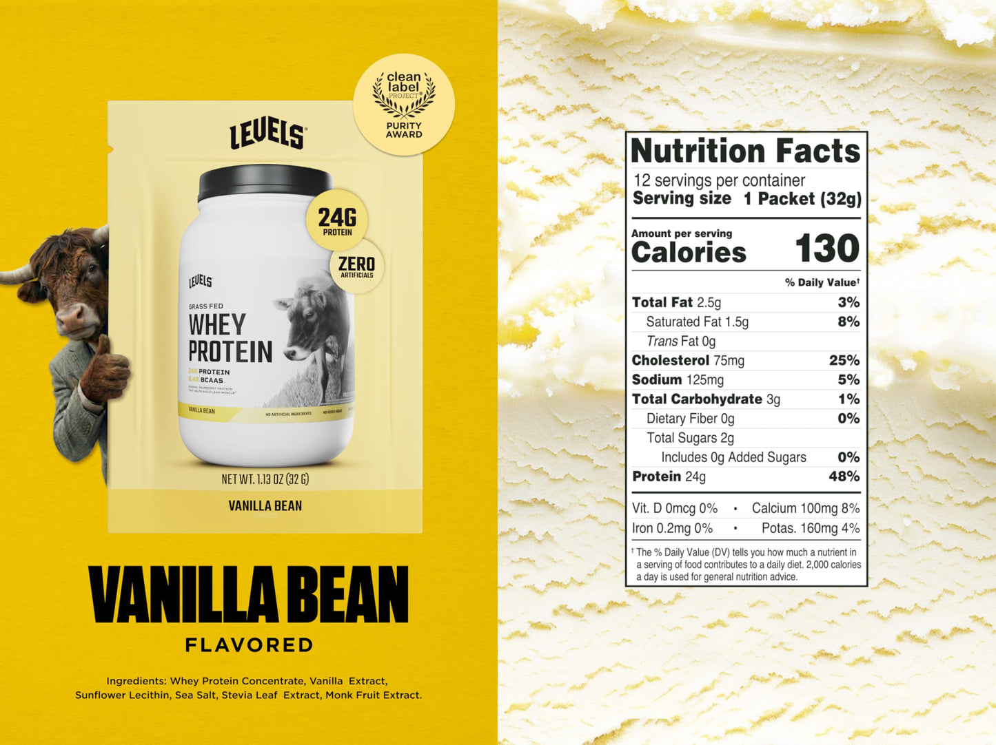 Levels Nutrition Grass Fed Whey Protein Powder Vanilla Bean 14 Count