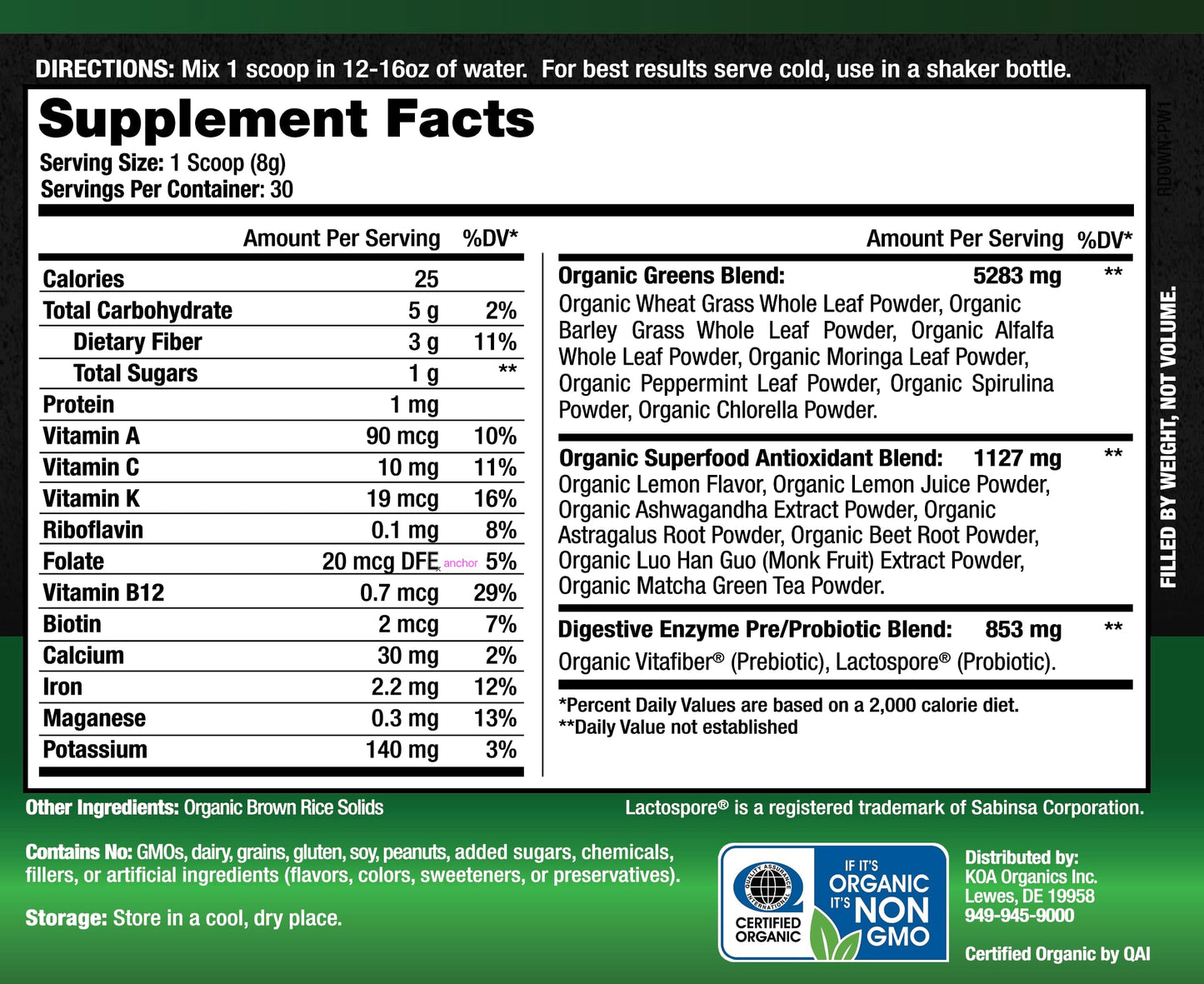 KOA Organics Greens Superfood Juice Powder, 8.47 oz