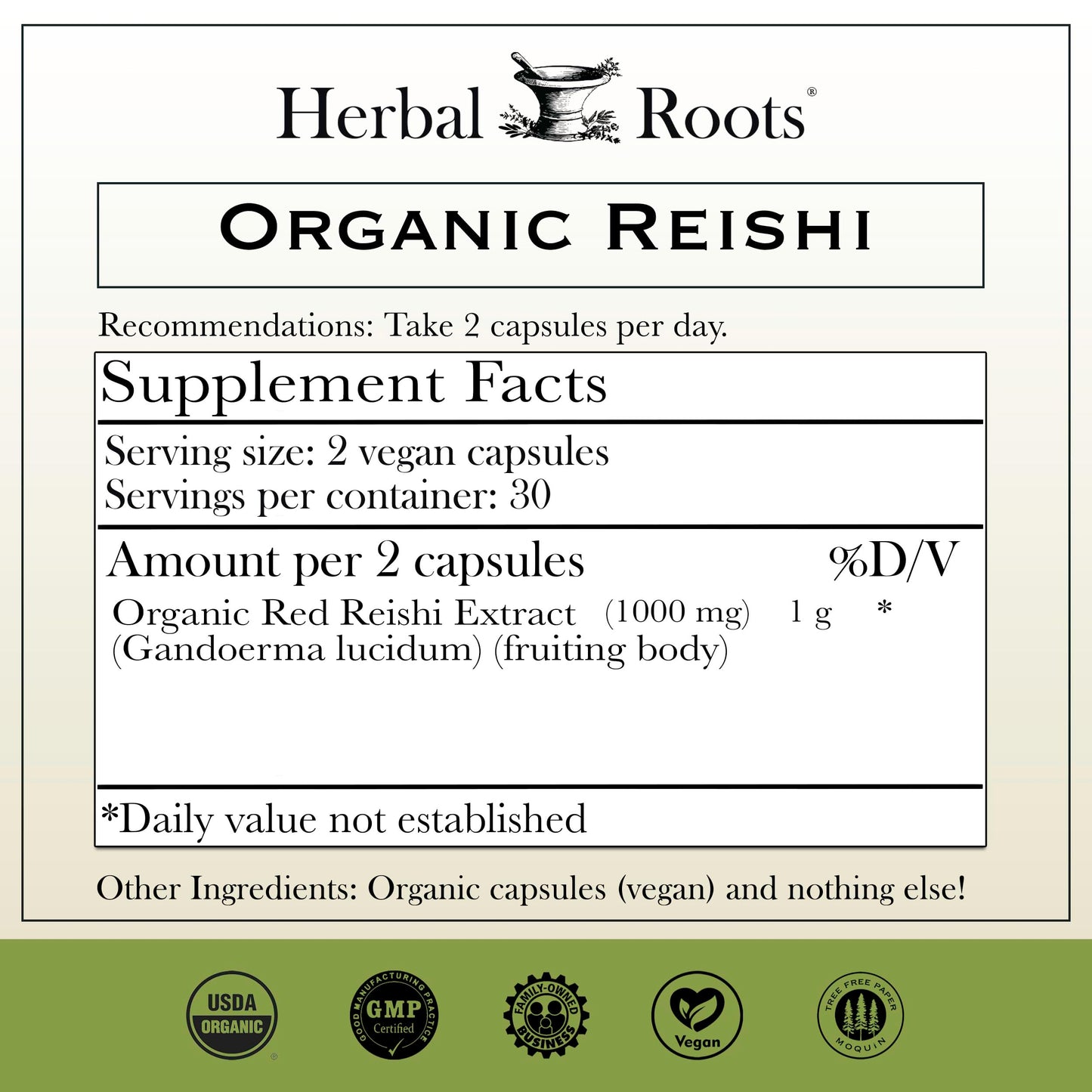 Herbal Roots Organic Reishi Mushroom Capsules 60 Capsules